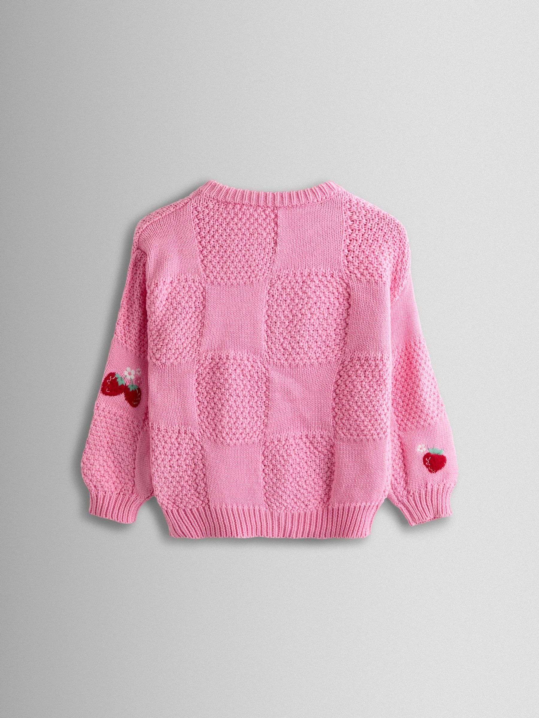 Bright Pink Embroidered Checkerboard Knit Cardigan - Image 2 of 3