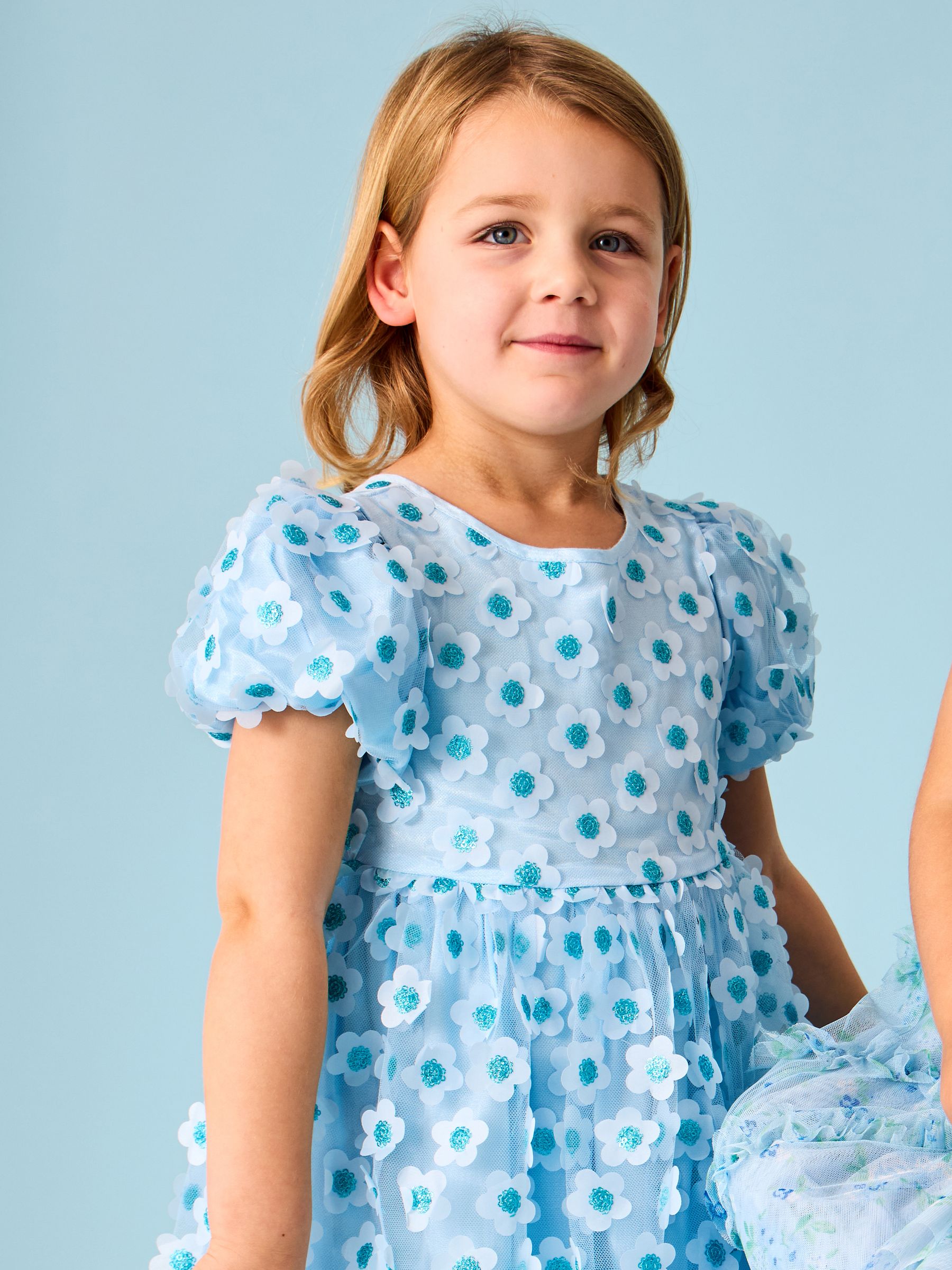 Light Blue Sequin Appliqué Flower Puff Sleeve Dress
