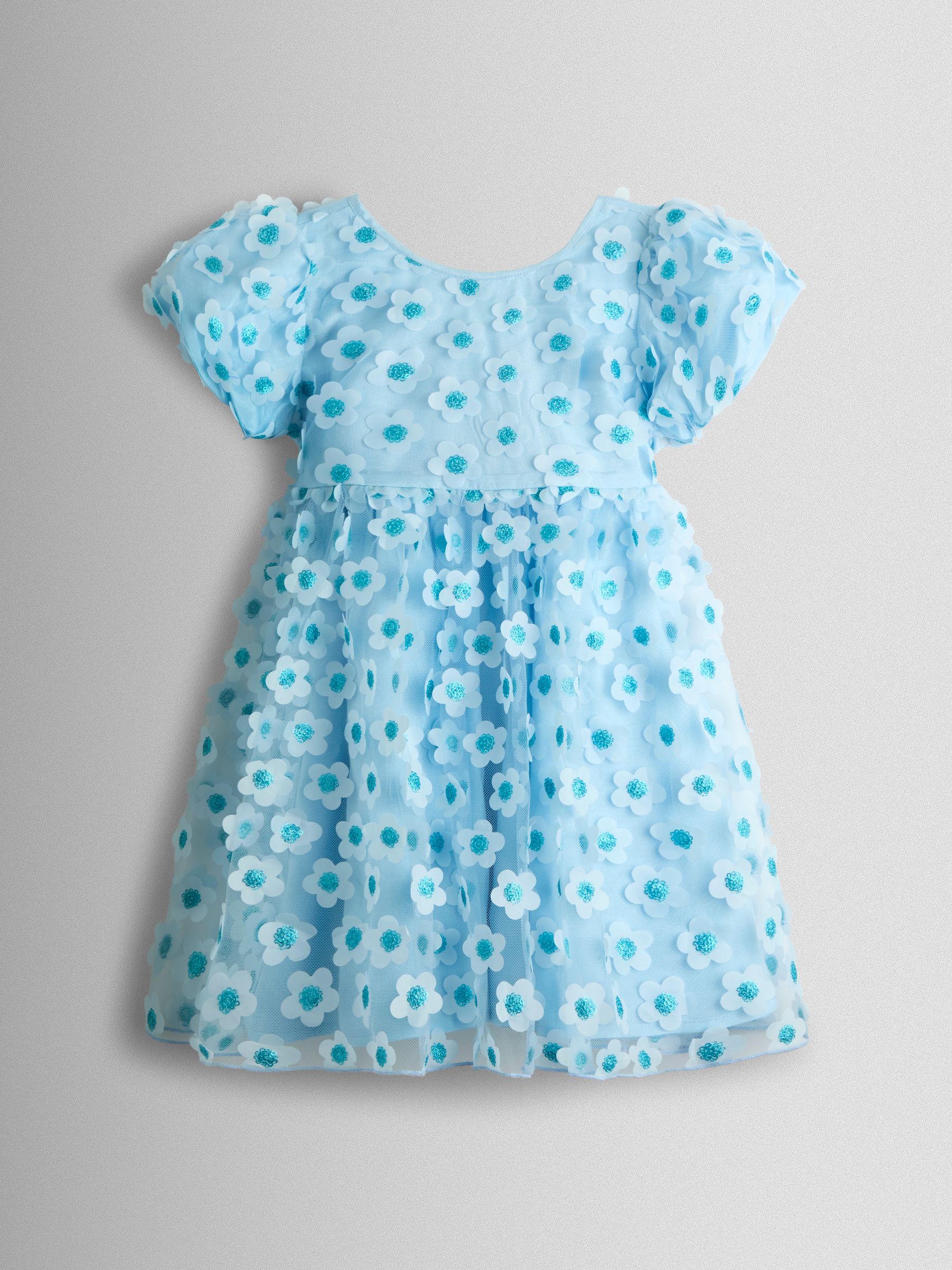 Light Blue Sequin Appliqué Flower Puff Sleeve Dress - Image 1 of 4