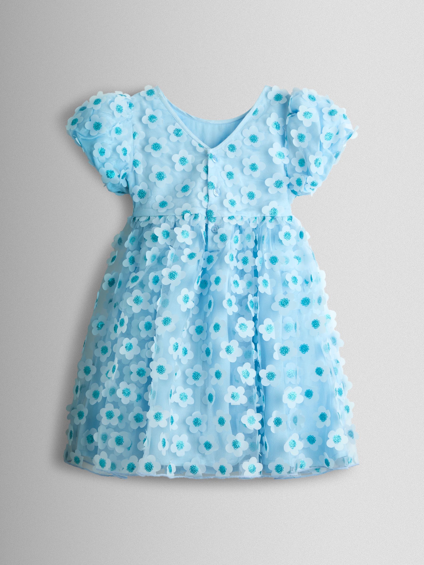 Light Blue Sequin Appliqué Flower Puff Sleeve Dress - Image 2 of 4