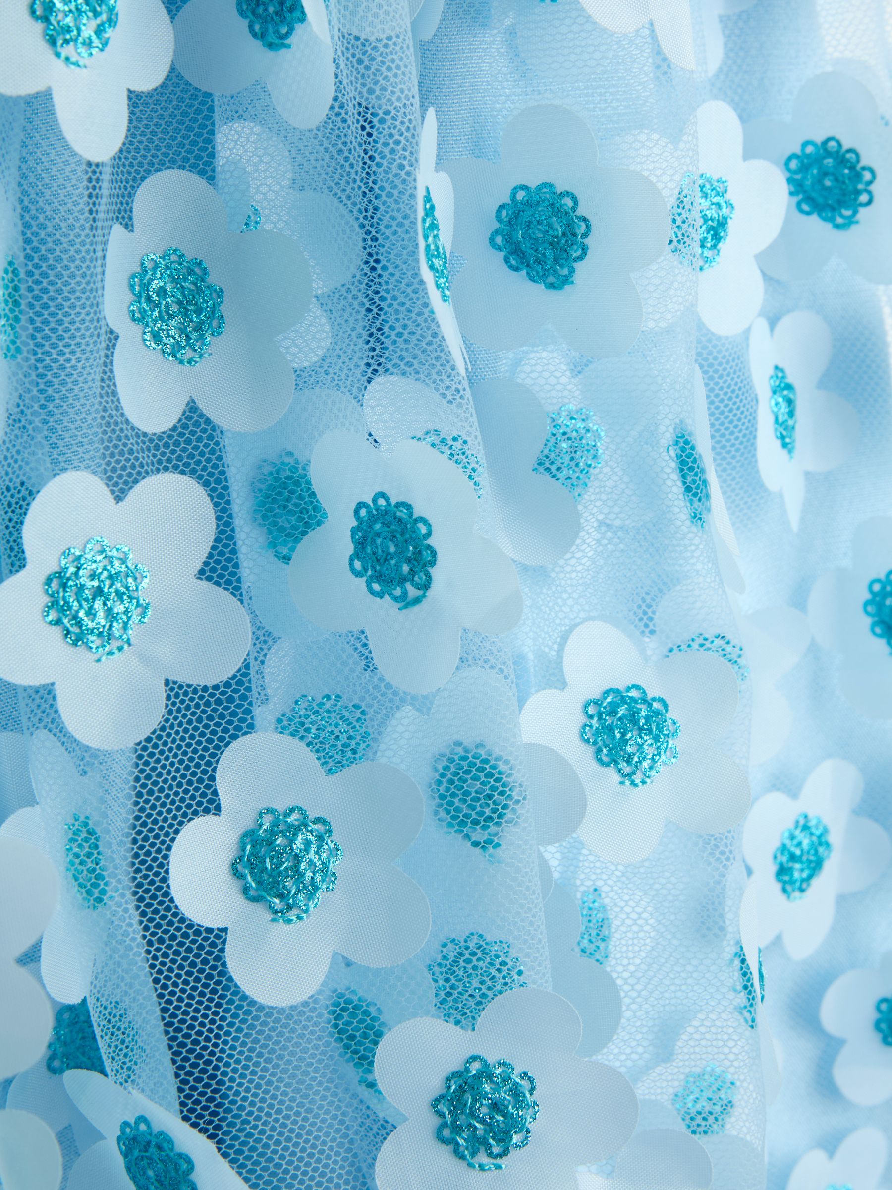 Light Blue Sequin Appliqué Flower Puff Sleeve Dress - Image 3 of 4