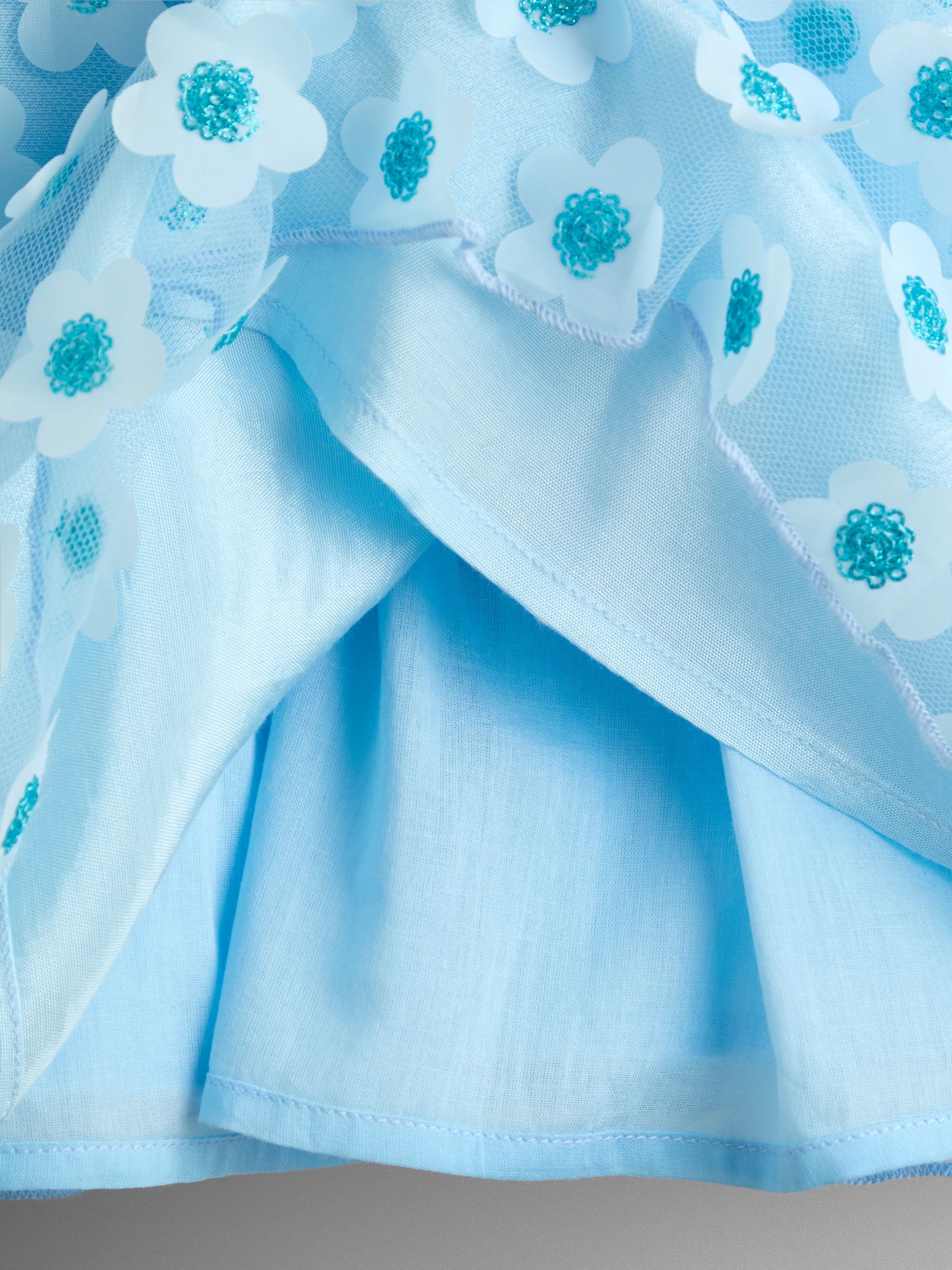 Light Blue Sequin Appliqué Flower Puff Sleeve Dress - Image 4 of 4