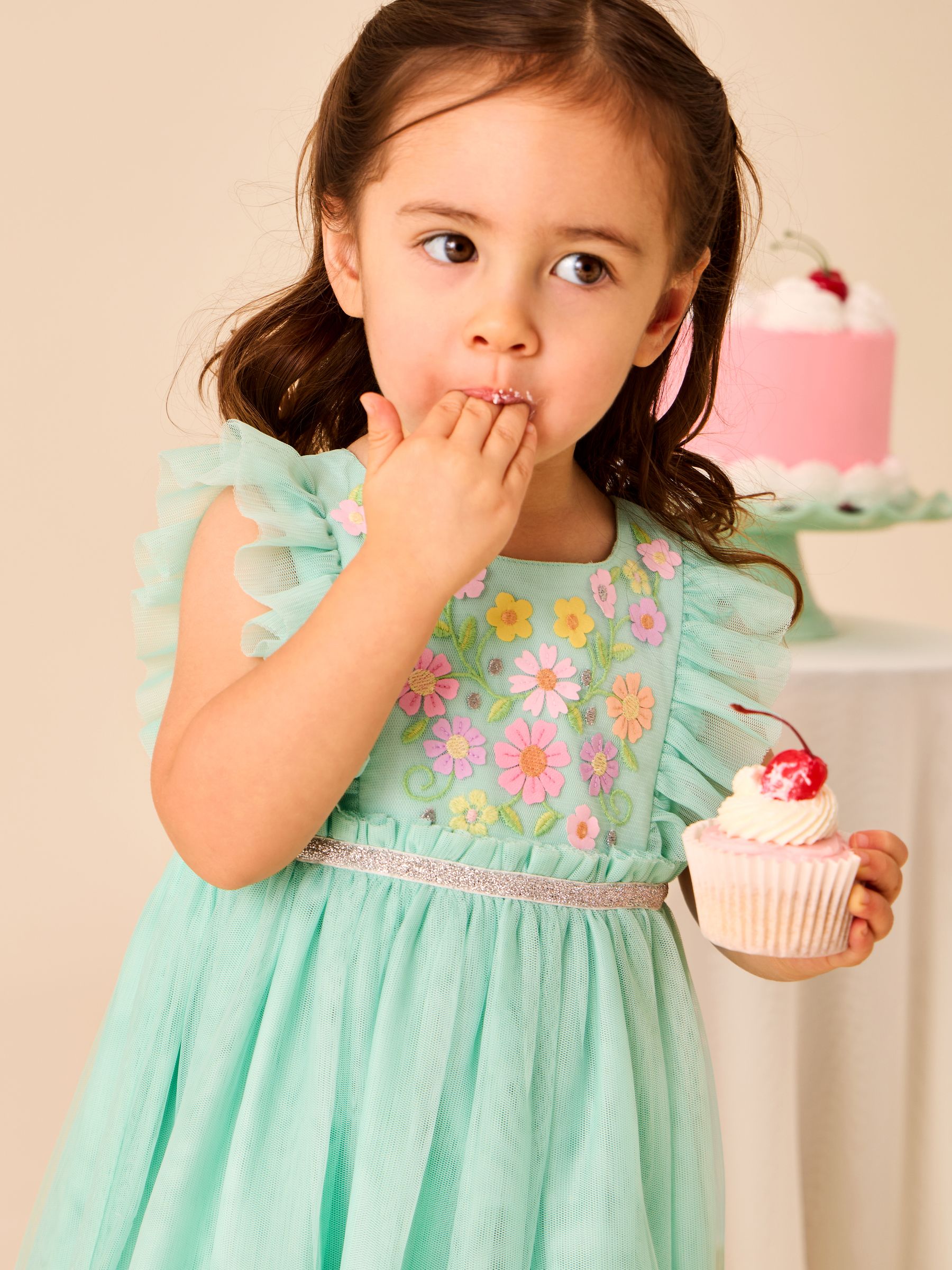 Light Green Floral Ruffle Tulle Appliqué Party Dress | JoJo Maman