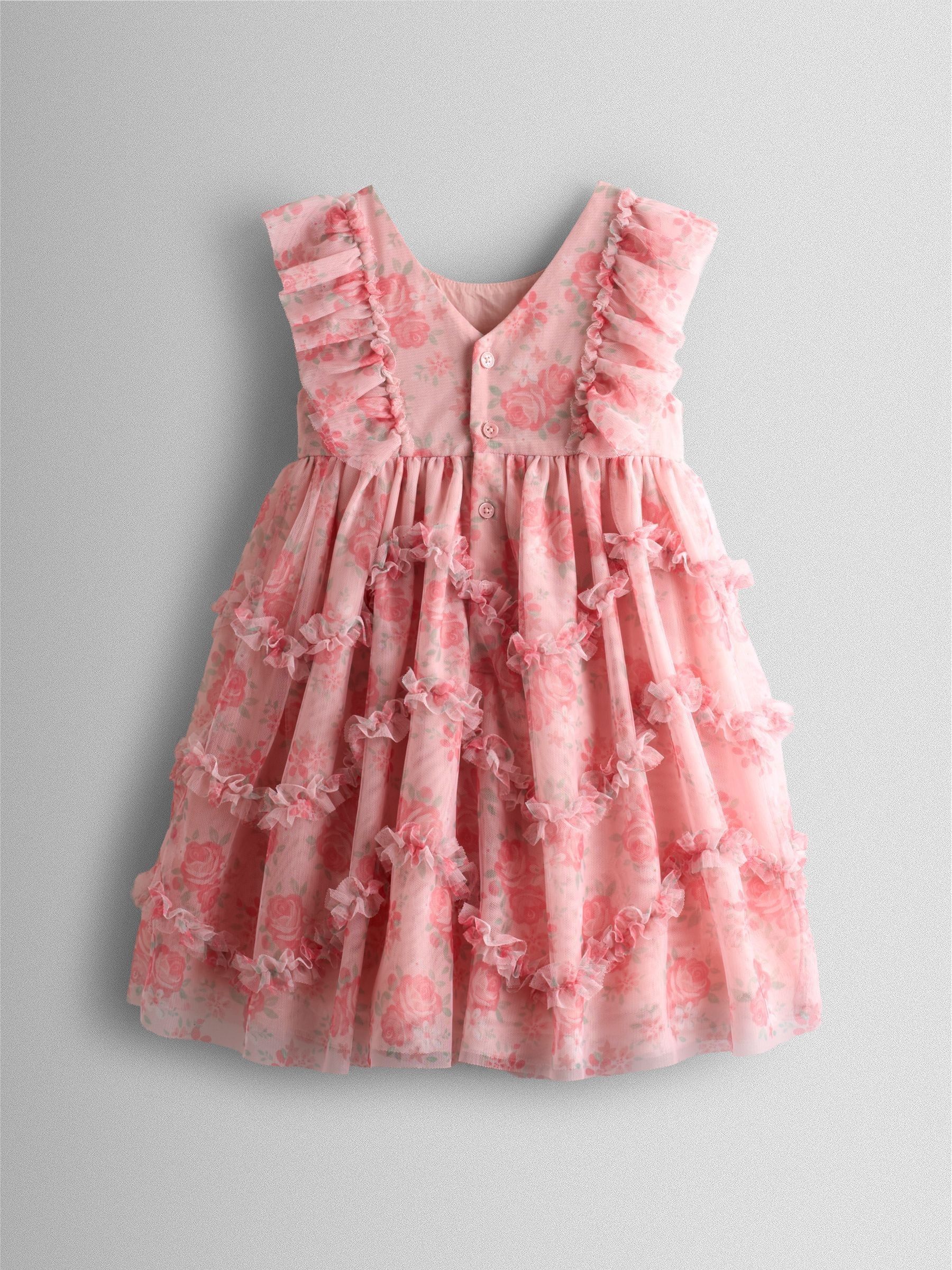 Rose Pink Printed Tulle Ruffle Party Dress - Image 2 of 4