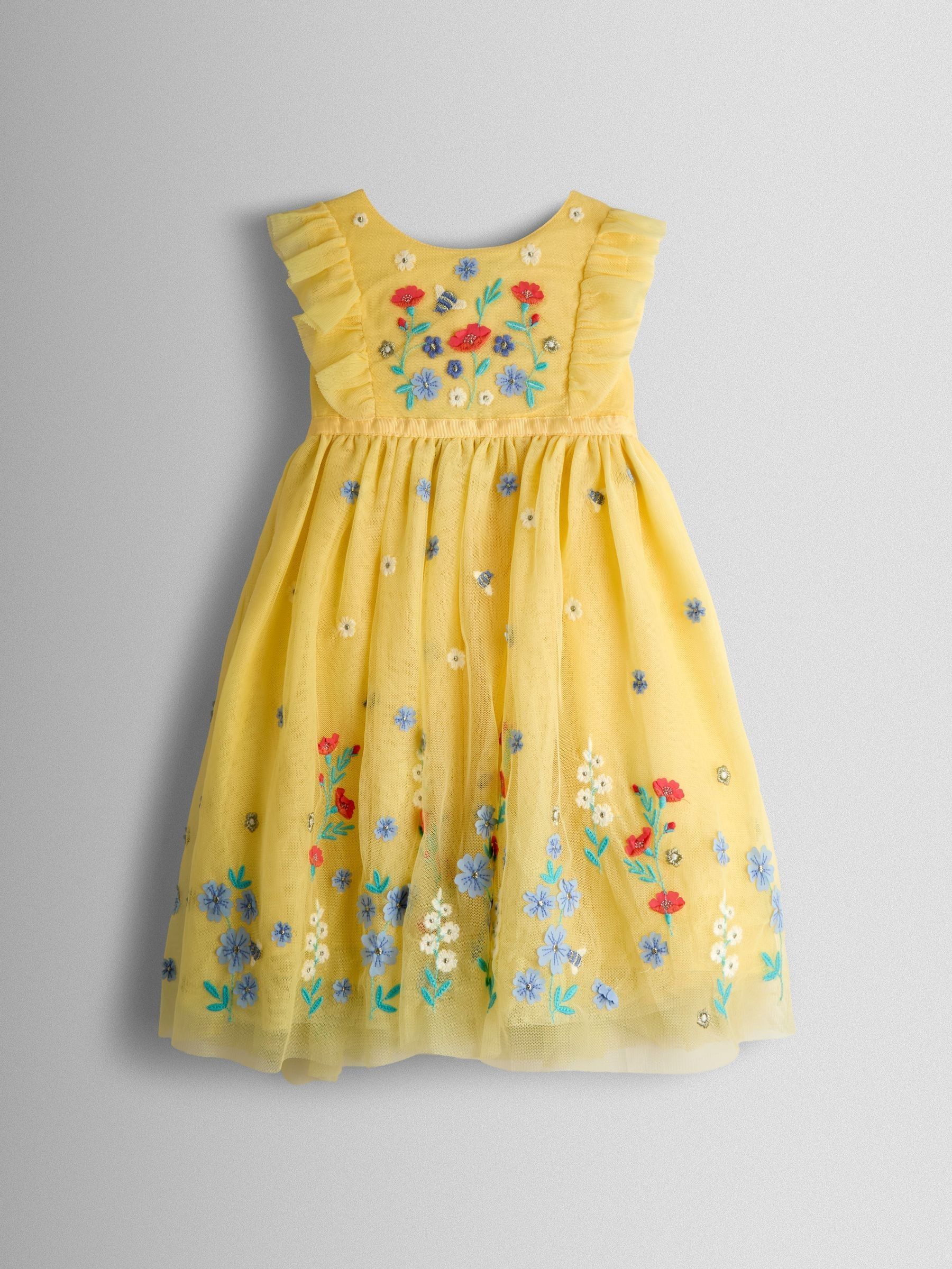 Light Yellow Floral Embroidered Tulle Party Dress - Image 1 of 4