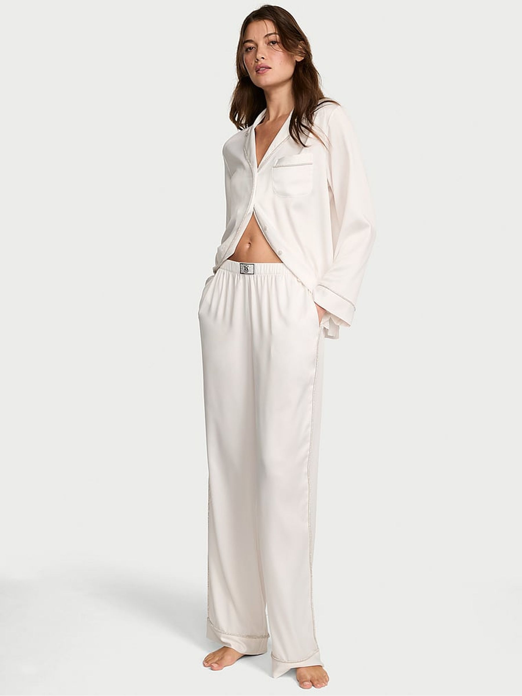 Coconut White Diamanté Trim Satin Shine Long Pyjamas Set