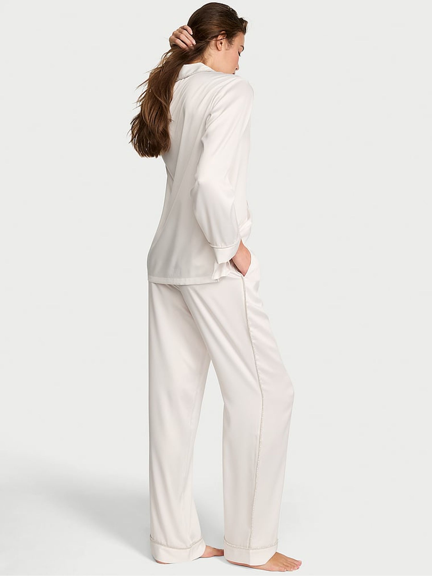 Coconut White Diamanté Trim Satin Shine Long Pyjamas Set