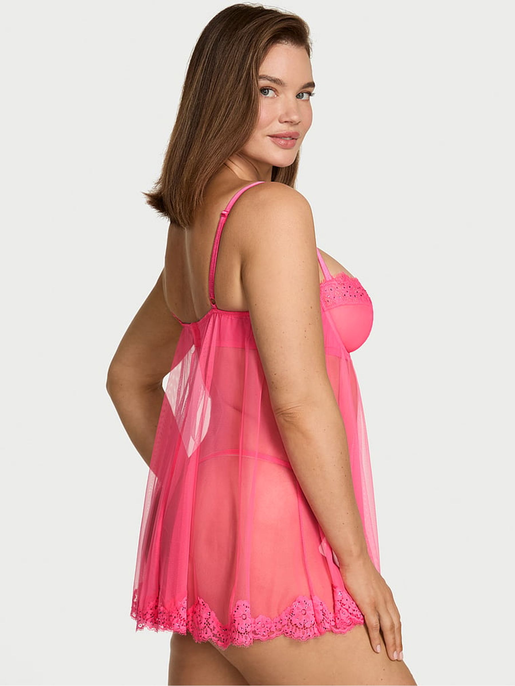 Bombshell Pink Twinkle Chiffon Babydoll Set - Image 3 of 3 Bombshell Pink Twinkle Chiffon Babydoll Set - Image 3 of 3
