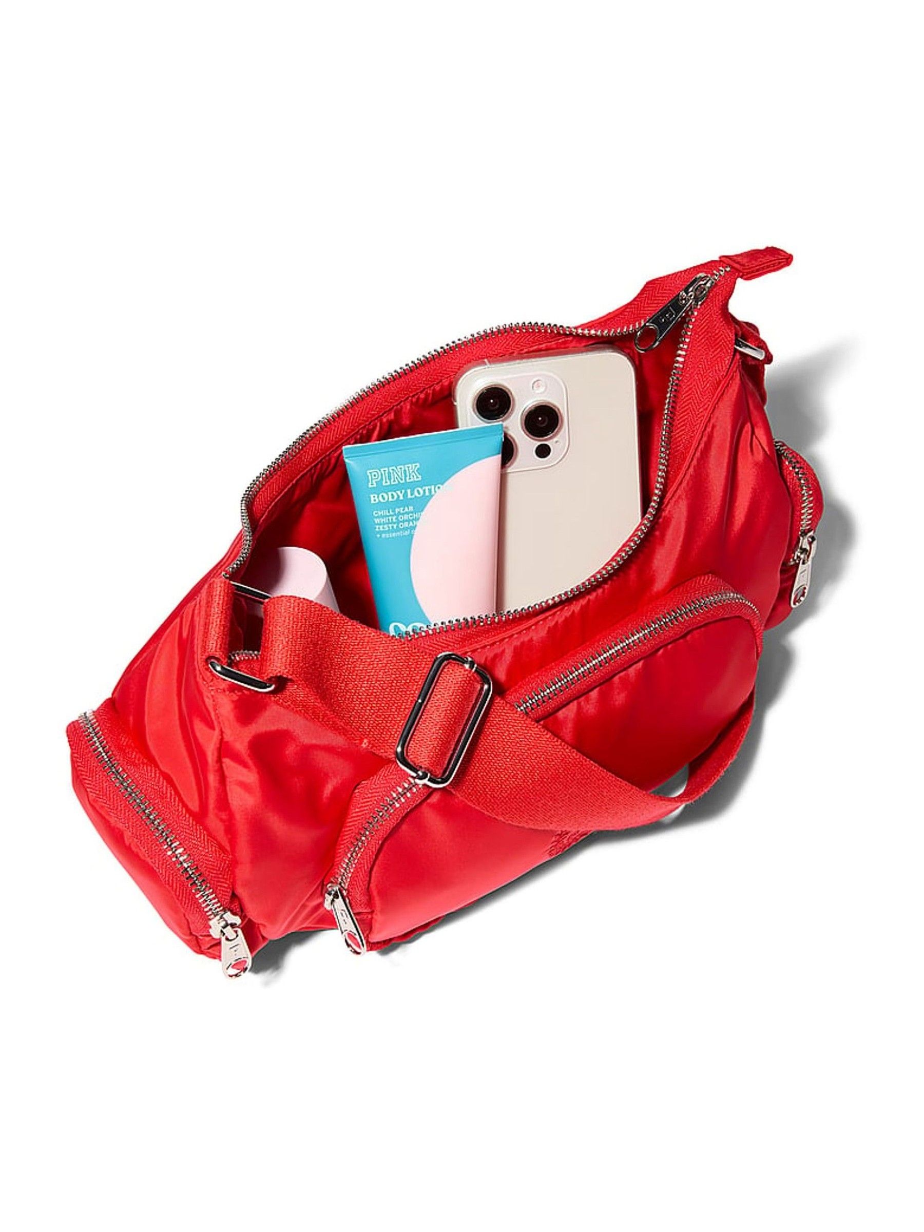 Bright Vermillion Red Multi-Pocket Nylon Shoulder Bag - Image 4 of 4