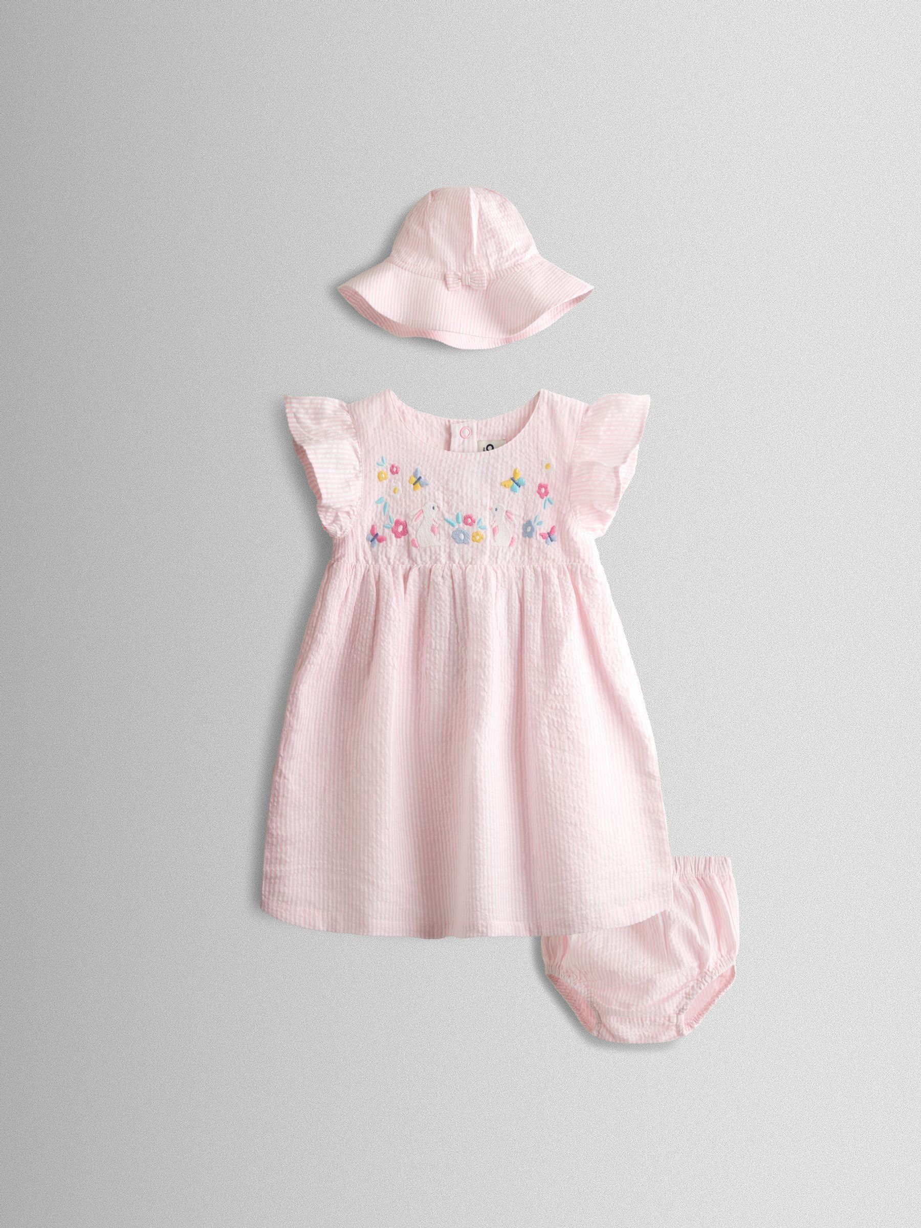 Pink Bunny Embroidered Baby Dress, Knicker & Hat Set | JoJo Maman
