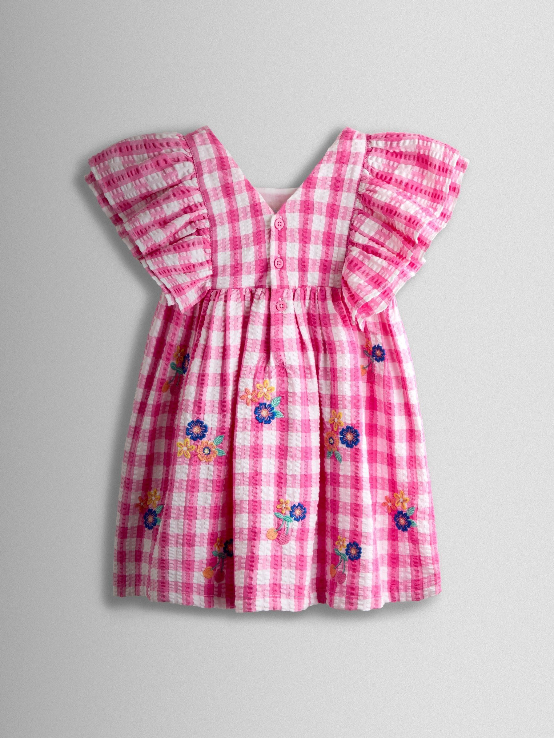 Bright Pink Bright Floral Embroidered Gingham Dress - Image 2 of 4 Bright Pink Bright Floral Embroidered Gingham Dress - Image 2 of 4