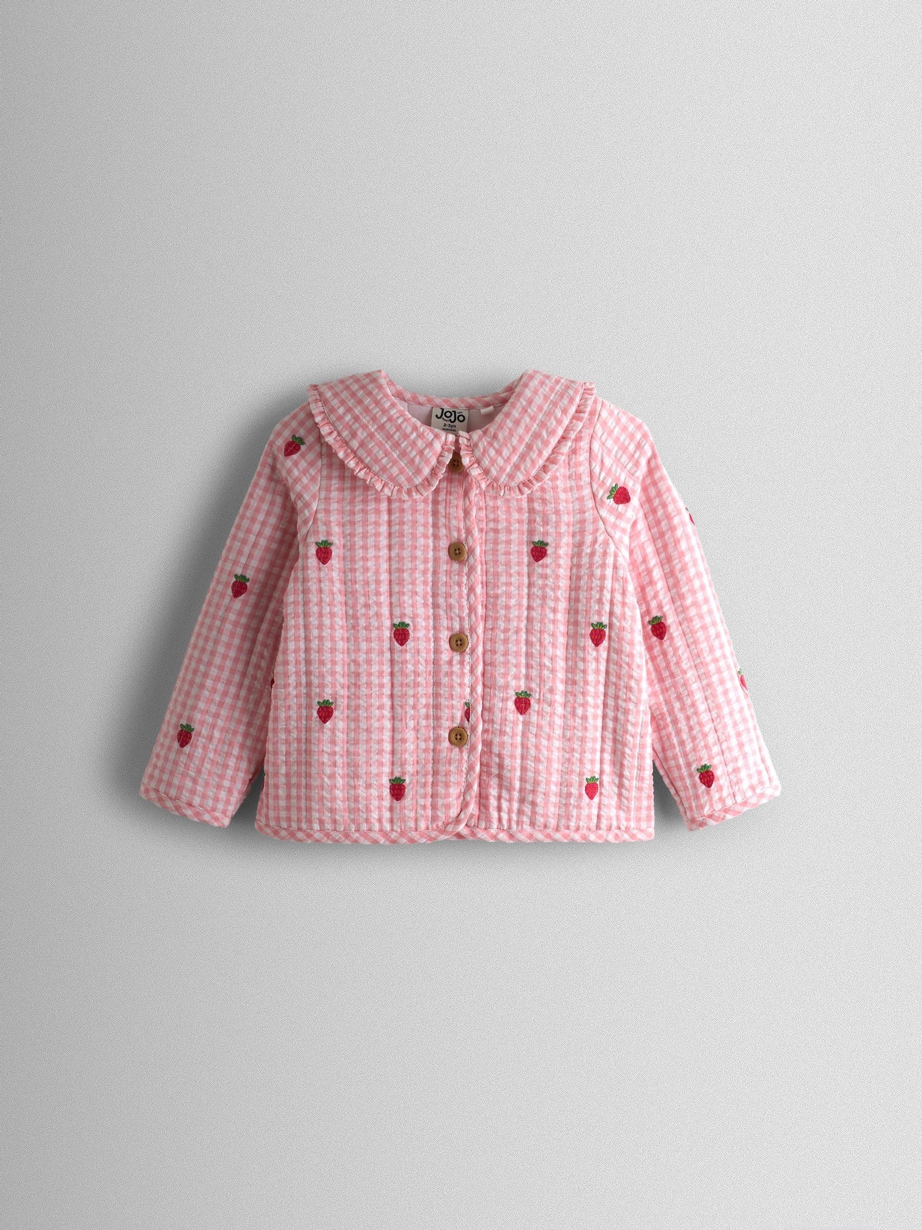 Pink Strawberry Embroidered Gingham Quilted Jacket - Image 1 of 4