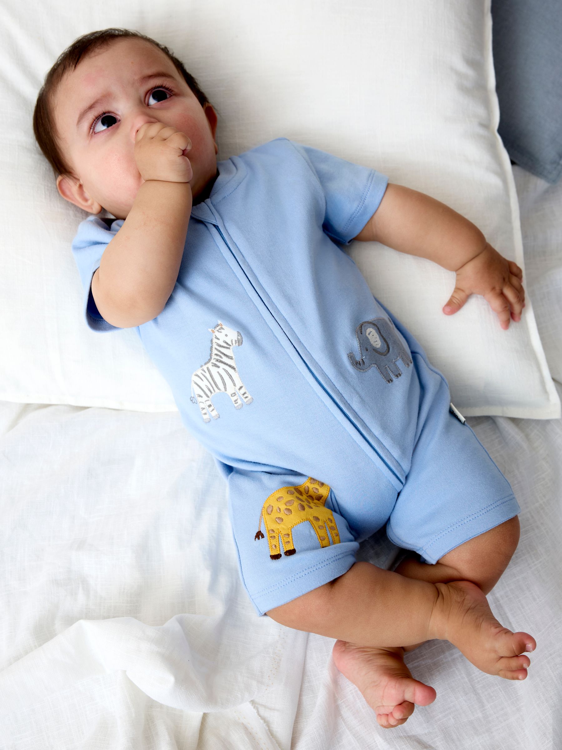 Blue Safari Appliqué Organic Cotton Short Sleeved Zip Sleepsuit - Image 1 of 4