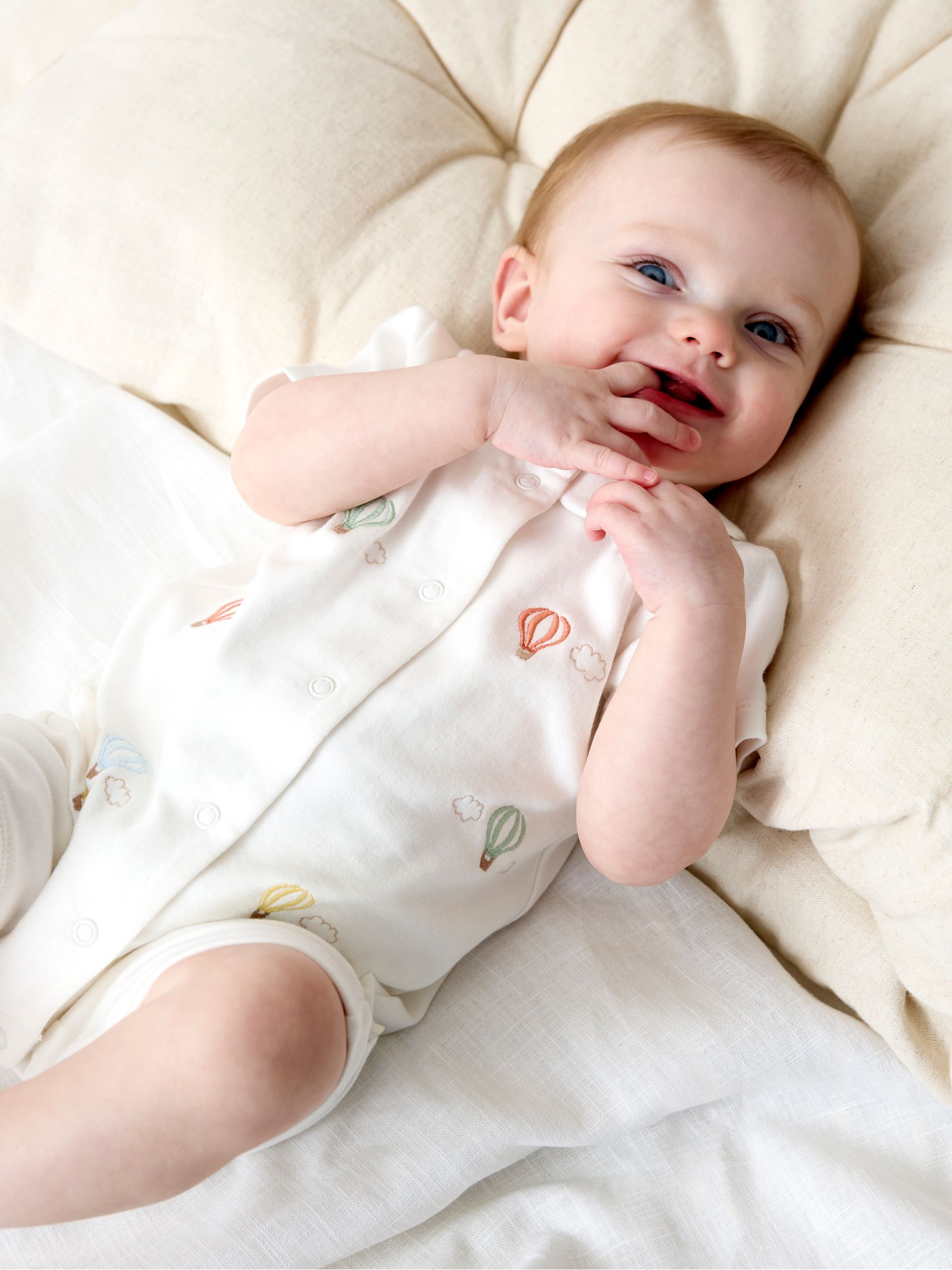 White Hot Air Balloon Embroidered Organic Cotton Short Sleeve Sleepsuit - Image 1 of 1 White Hot Air Balloon Embroidered Organic Cotton Short Sleeve Sleepsuit - Image 1 of 1