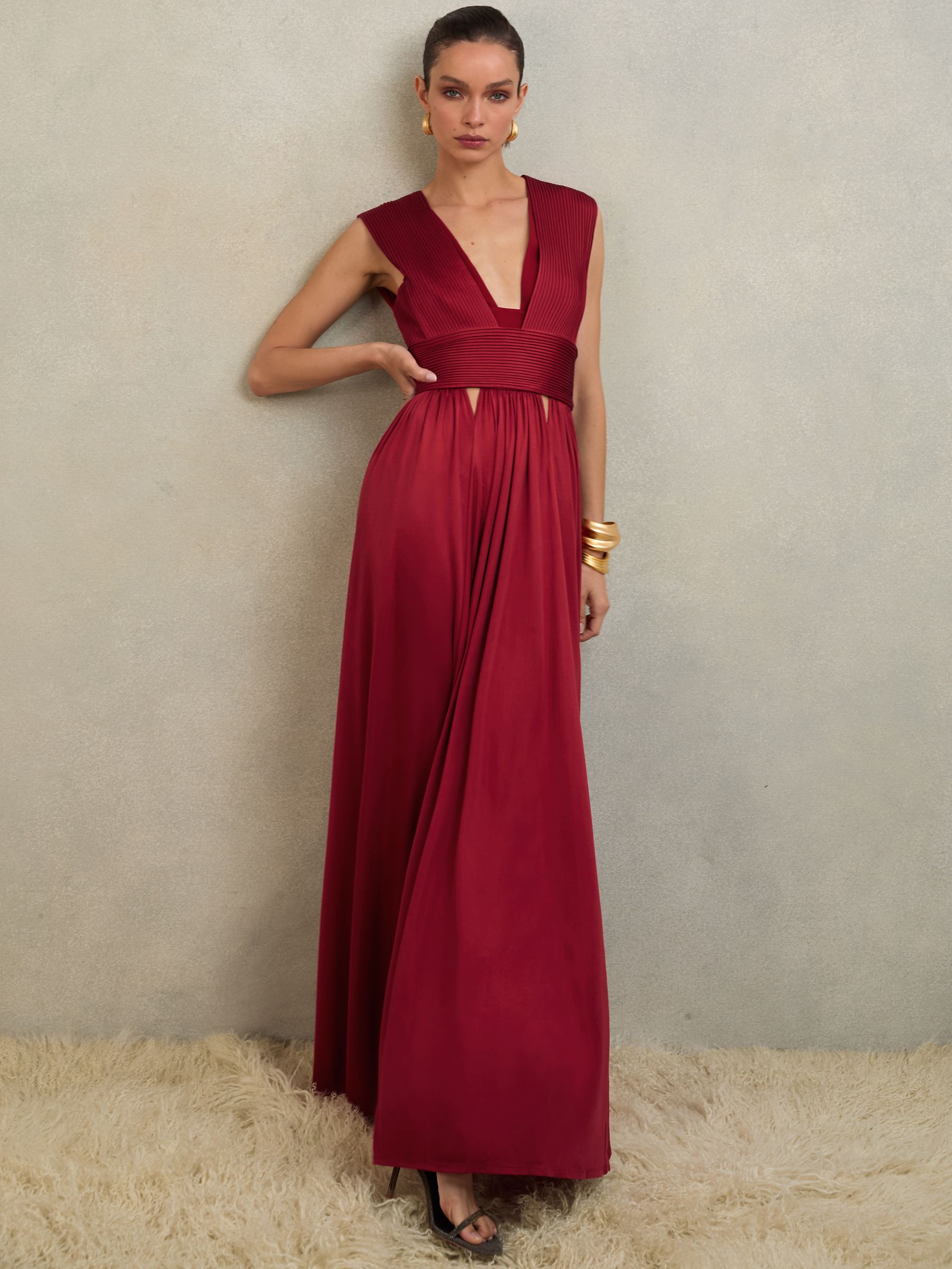 Reiss Atelier Cut-Out Pleated Maxi Dress in Red | REISS