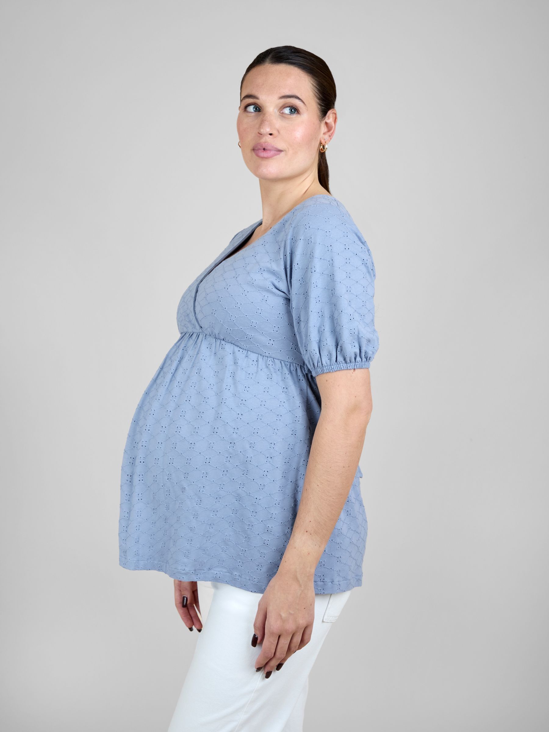 Blue Short Sleeve Seersucker Maternity Wrap Jersey Top | JoJo