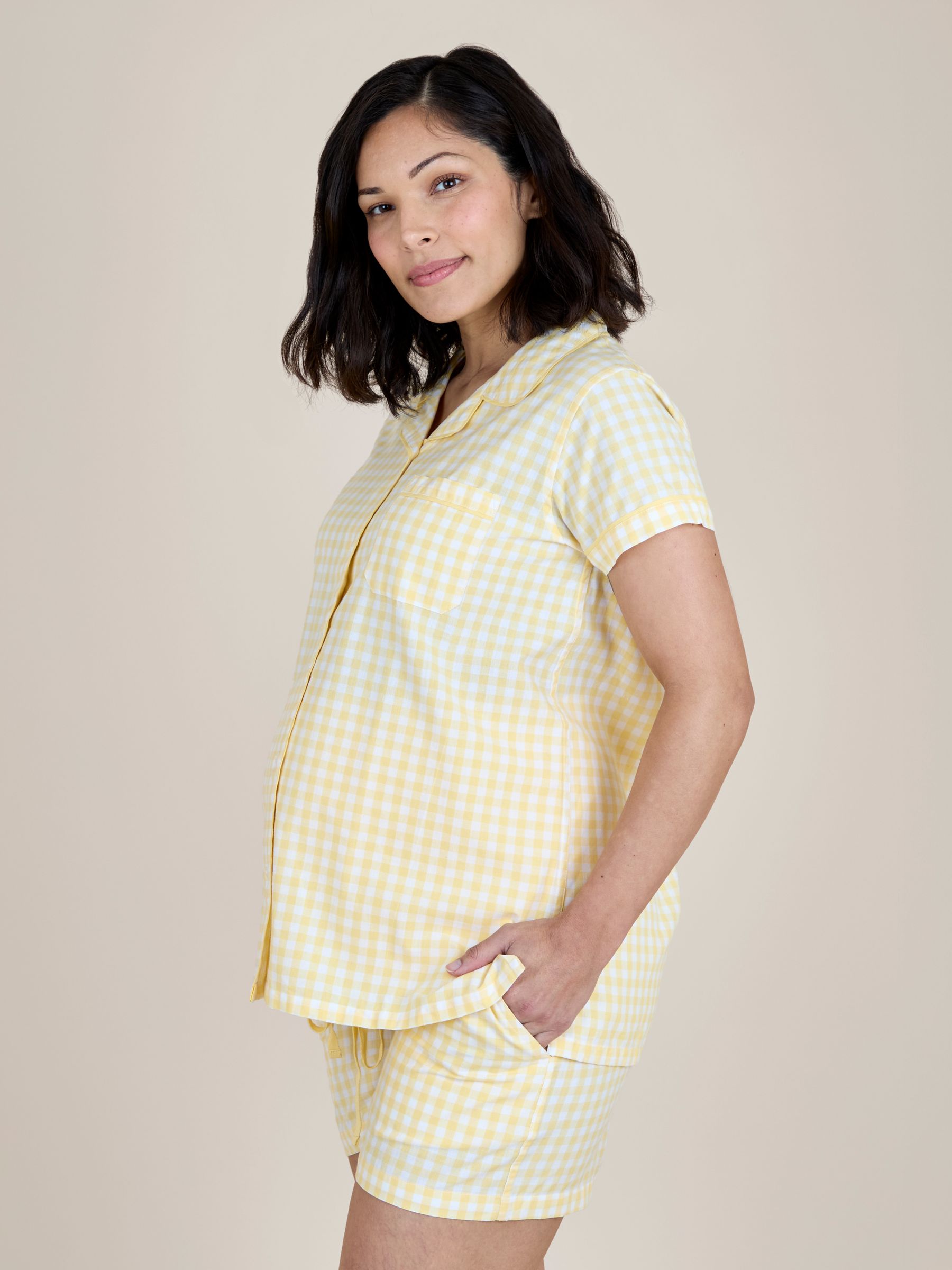 Light Yellow Gingham Maternity Short Pyjamas Set - Image 2 of 5