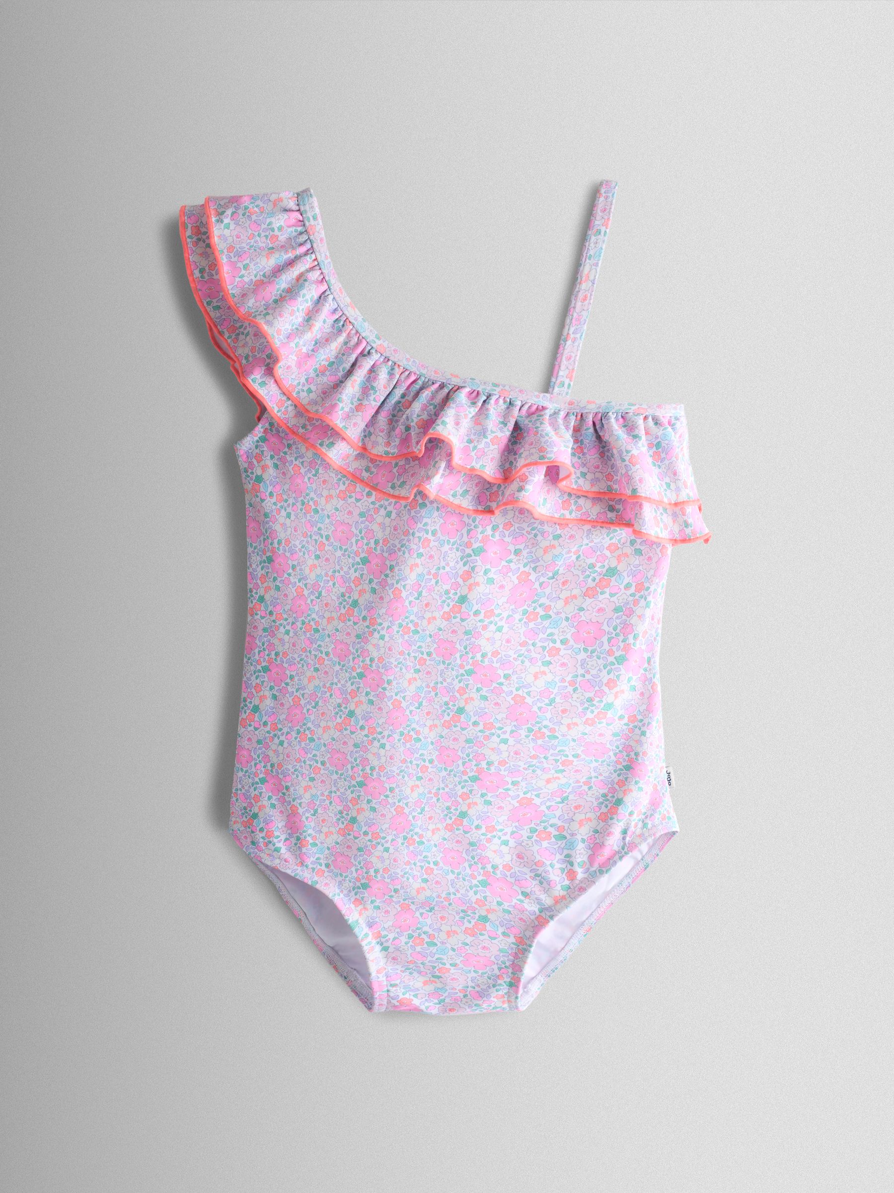 Pink Neon Ditsy Floral Asymmetric Ruffle Swimsuit - Image 2 of 5