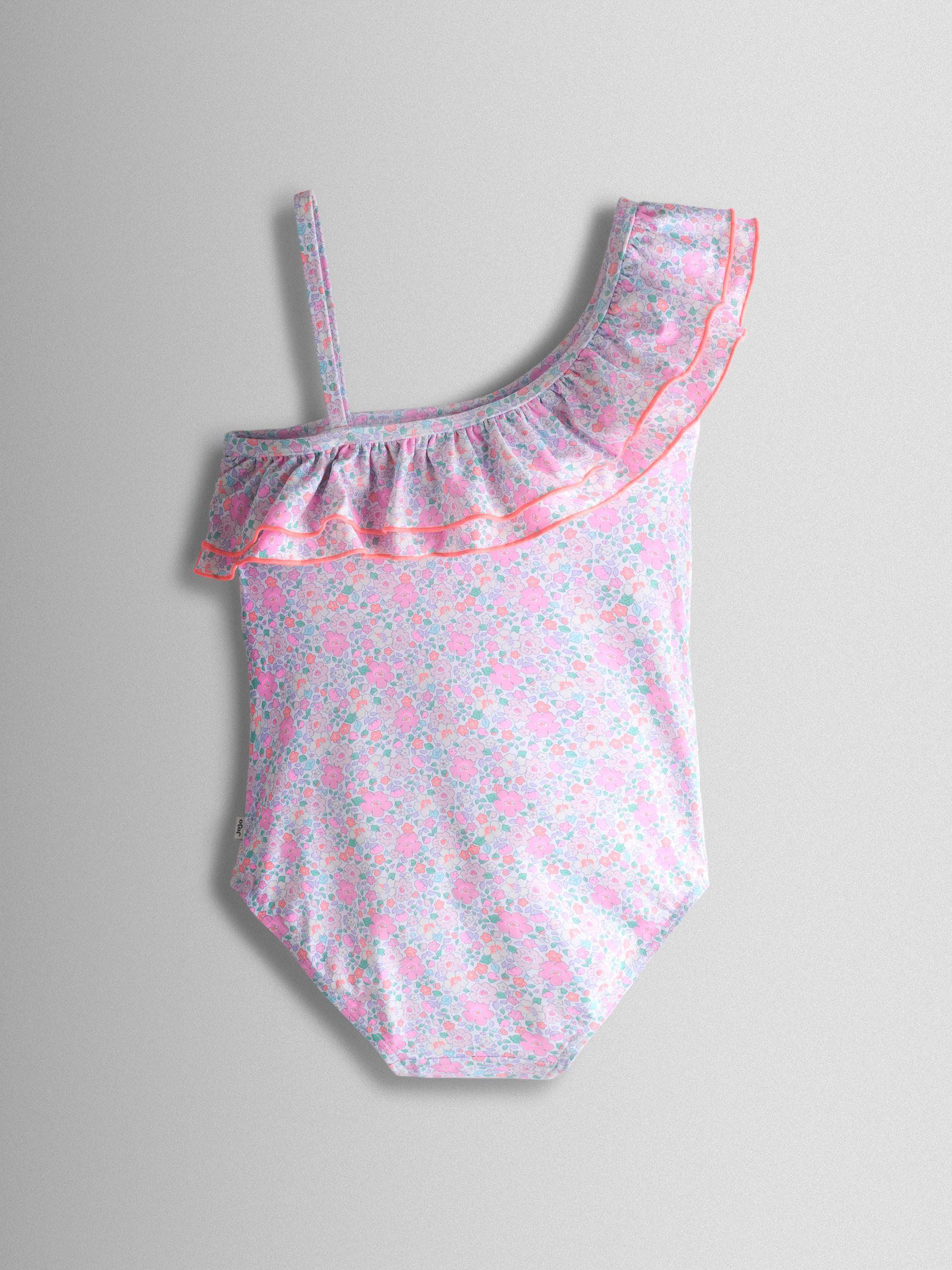 Pink Neon Ditsy Floral Asymmetric Ruffle Swimsuit - Image 3 of 5