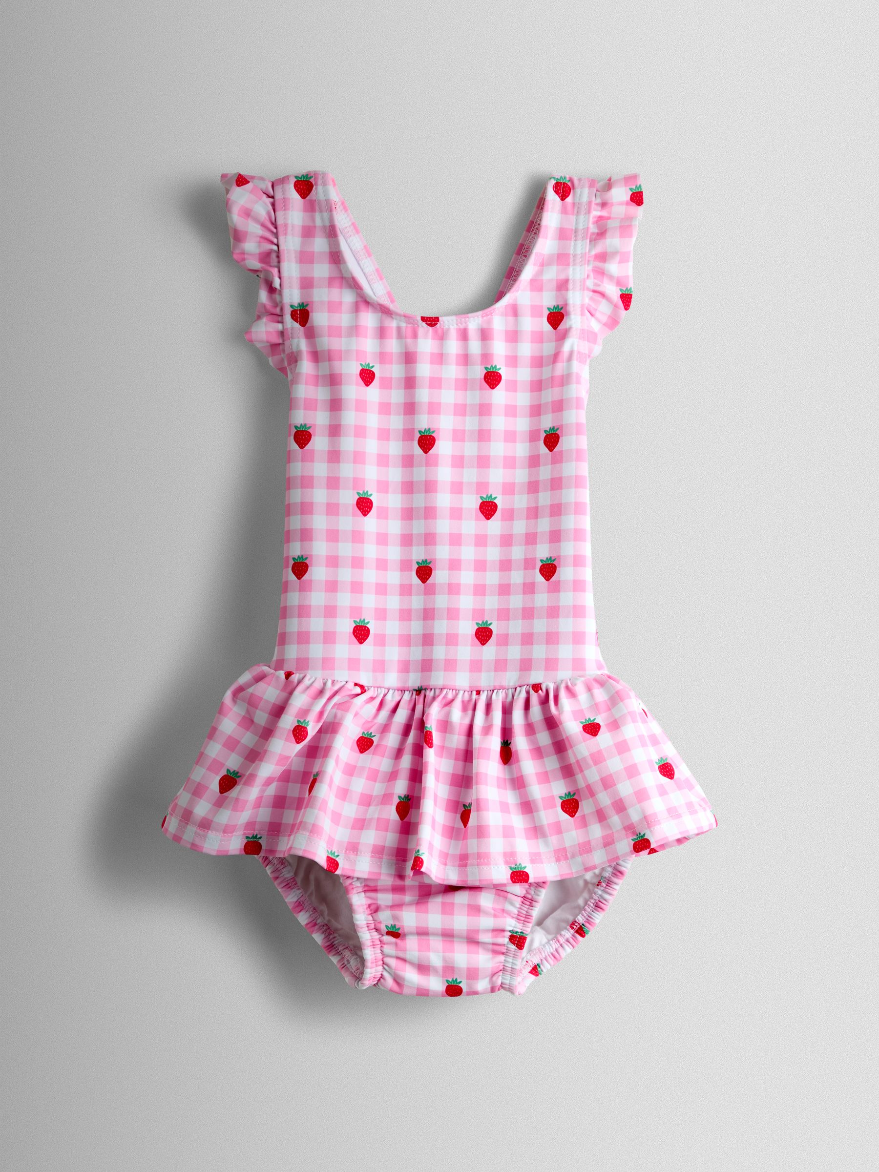 Light Pink Strawberry Gingham Swimsuit With Integral Nappy - Image 1 of 4