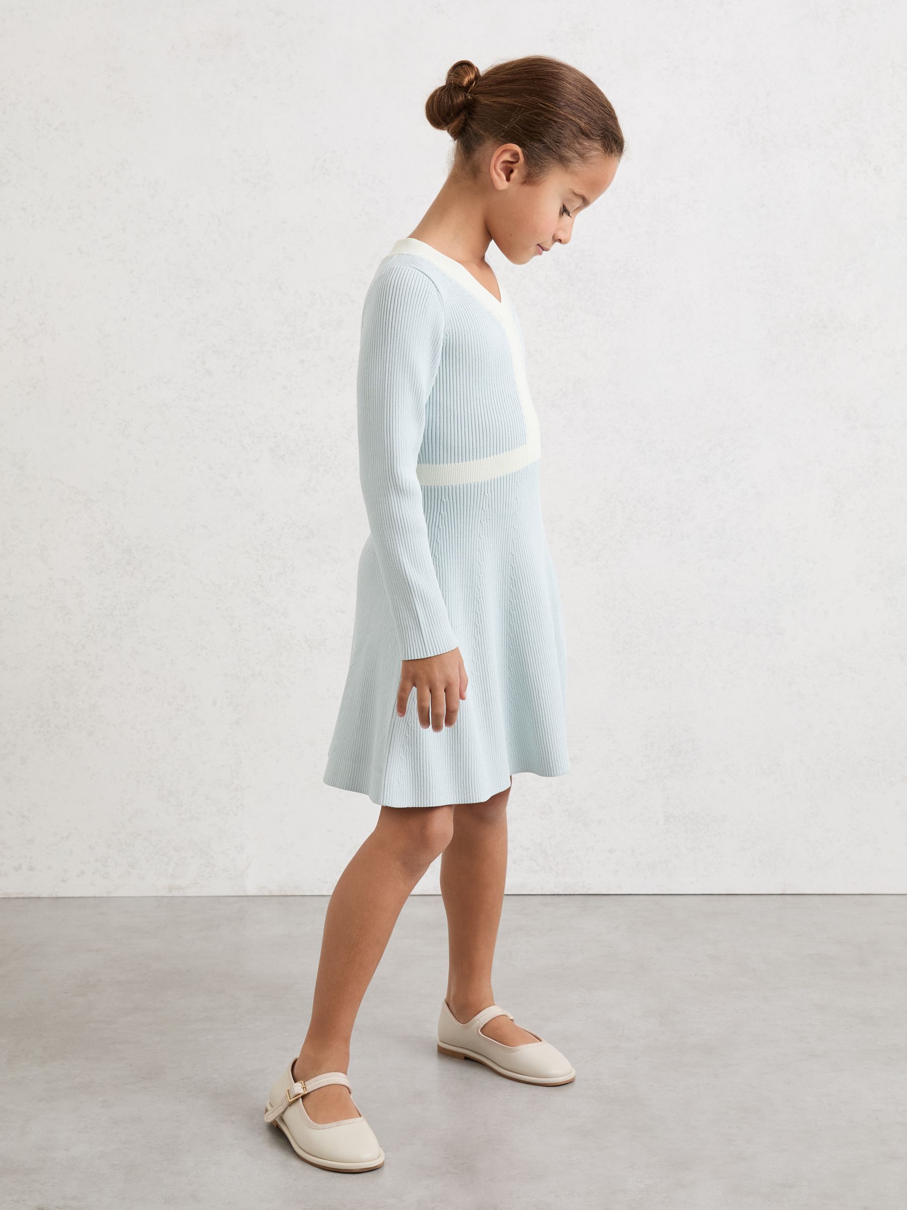 13-14 yrs Craft-Stitch Rib-Knit Dress in Pale Blue - Image 3 of 4