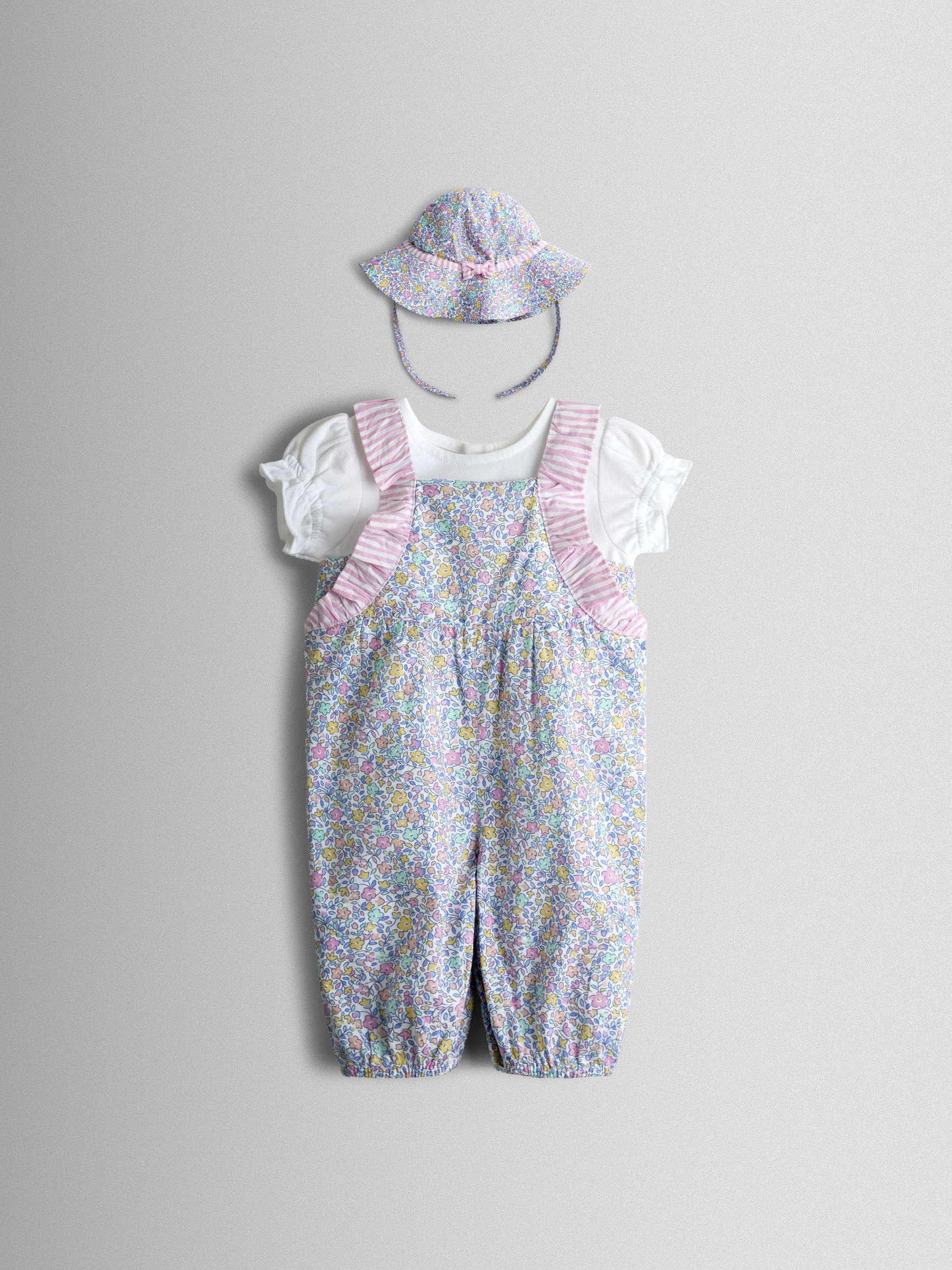 Cream Floral Spliced Dungarees T-Shirt and Hat Set - Image 1 of 9
