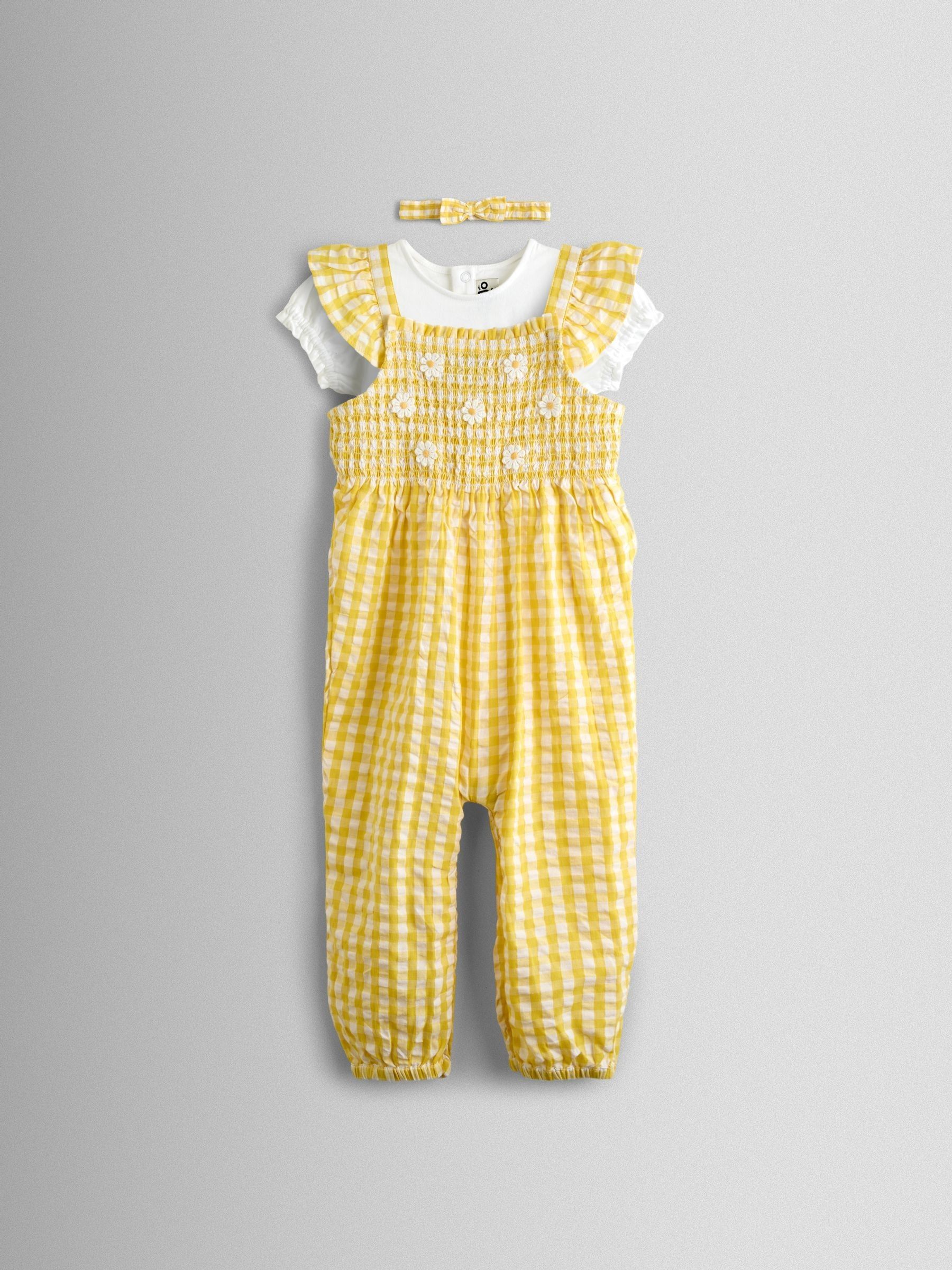Yellow Smocked Dungaree, T-Shirt & Headband Set - Image 1 of 8