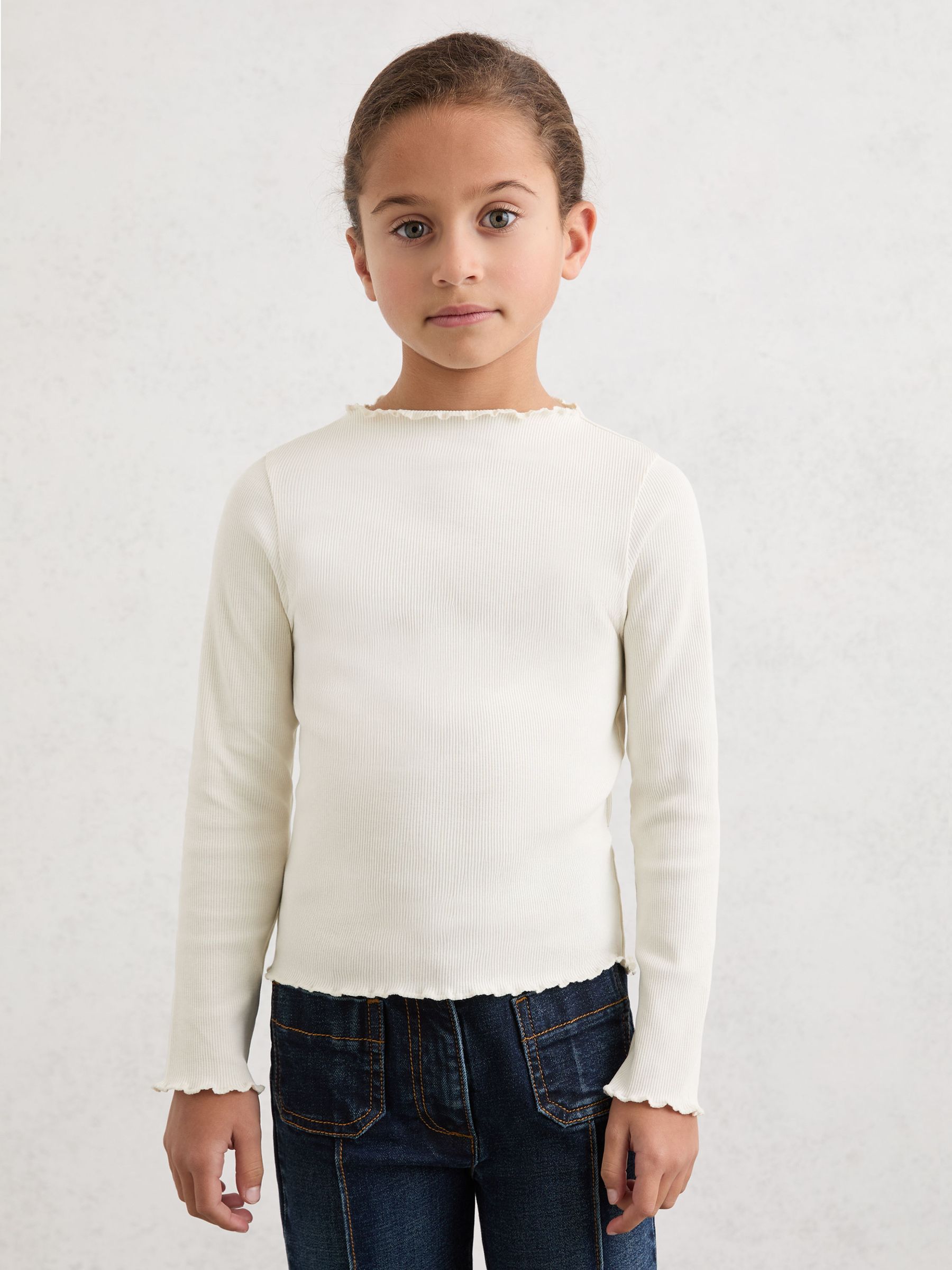 3-9 yrs Stretch-Cotton Lettuce-Trim Ribbed Top in Ecru - Image 1 of 5