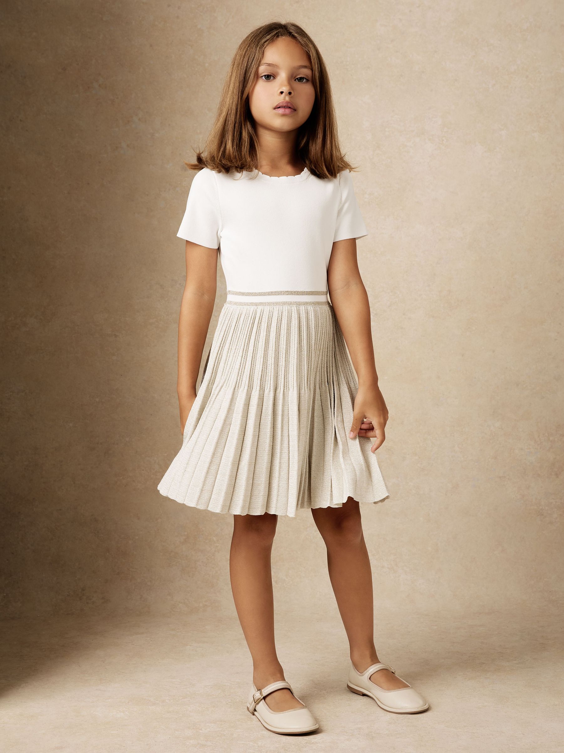 Reiss 13-14 yrs Metallic-Knit Pleated Dress in Ivory | REISS