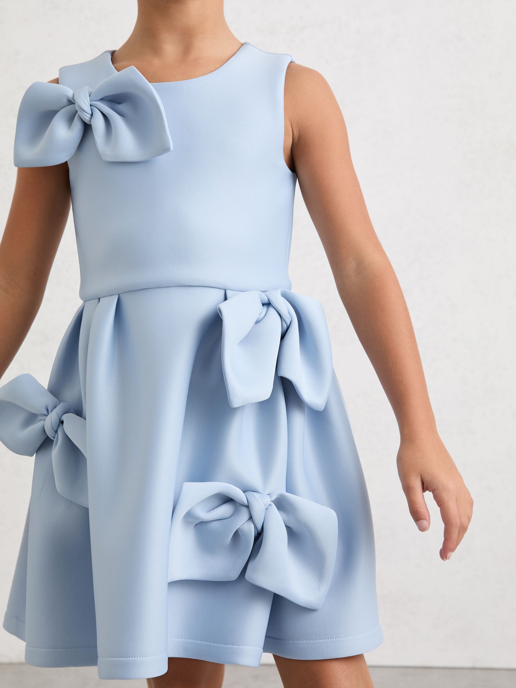 13-14 yrs Scuba Bow-Detail Flared Dress in Pale Blue - Image 4 of 5