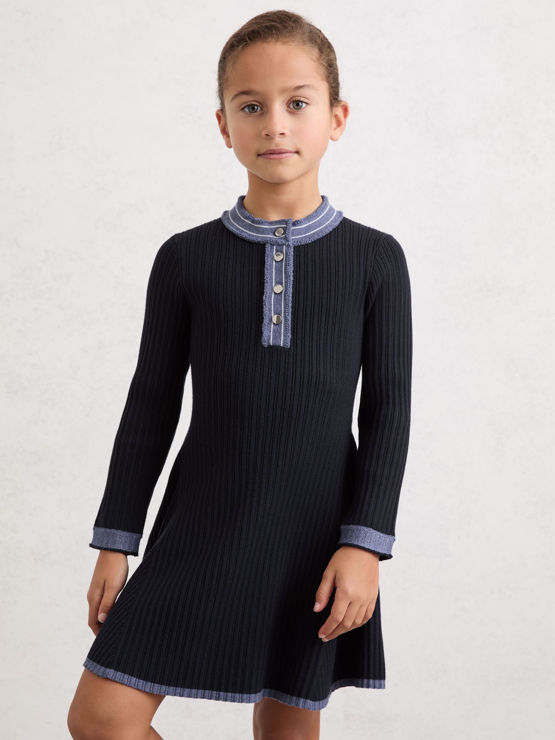 13-14 yrs Contrast-Trim Rib-Knit Skater Dress in Navy - Image 2 of 5