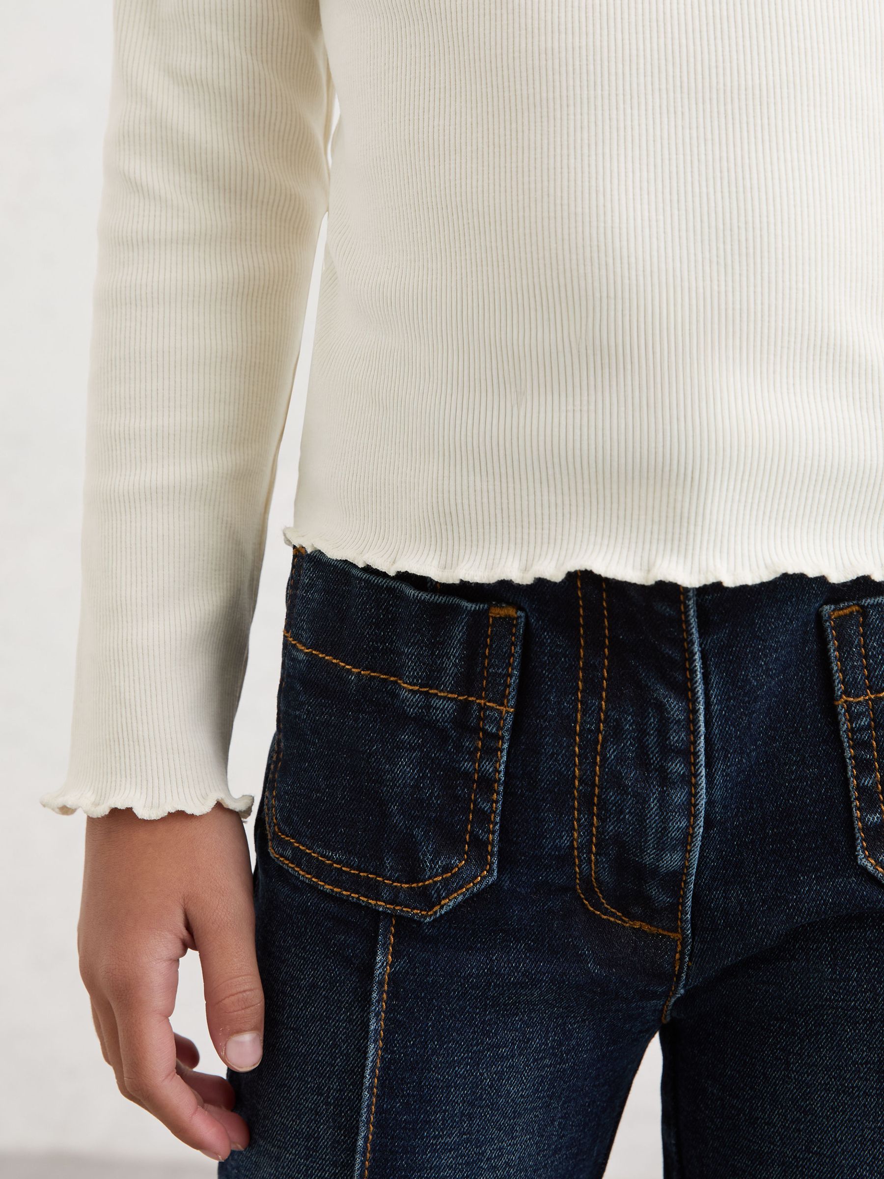 Stretch-Cotton Lettuce-Trim Ribbed Top in Ecru - Image 3 of 5