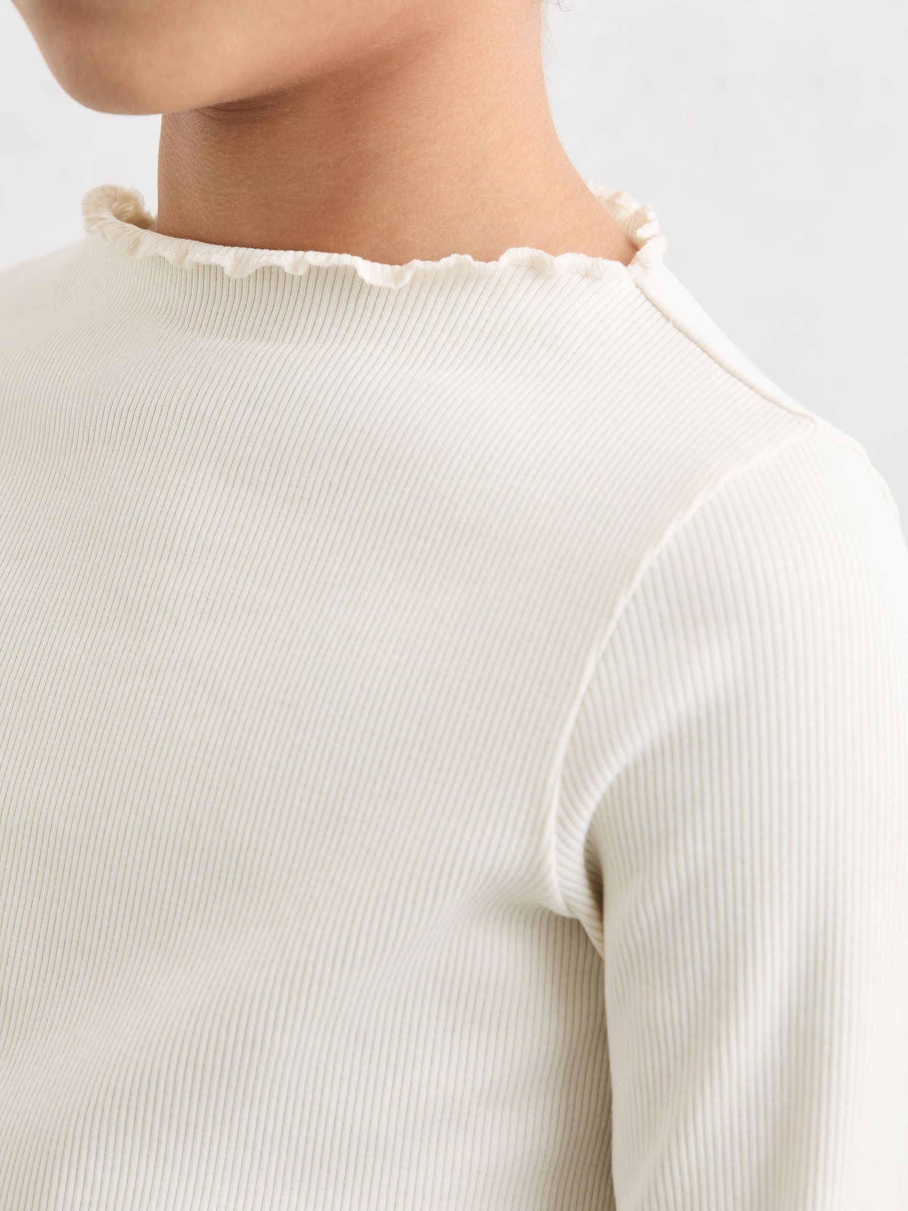 Stretch-Cotton Lettuce-Trim Ribbed Top in Ecru - Image 4 of 5