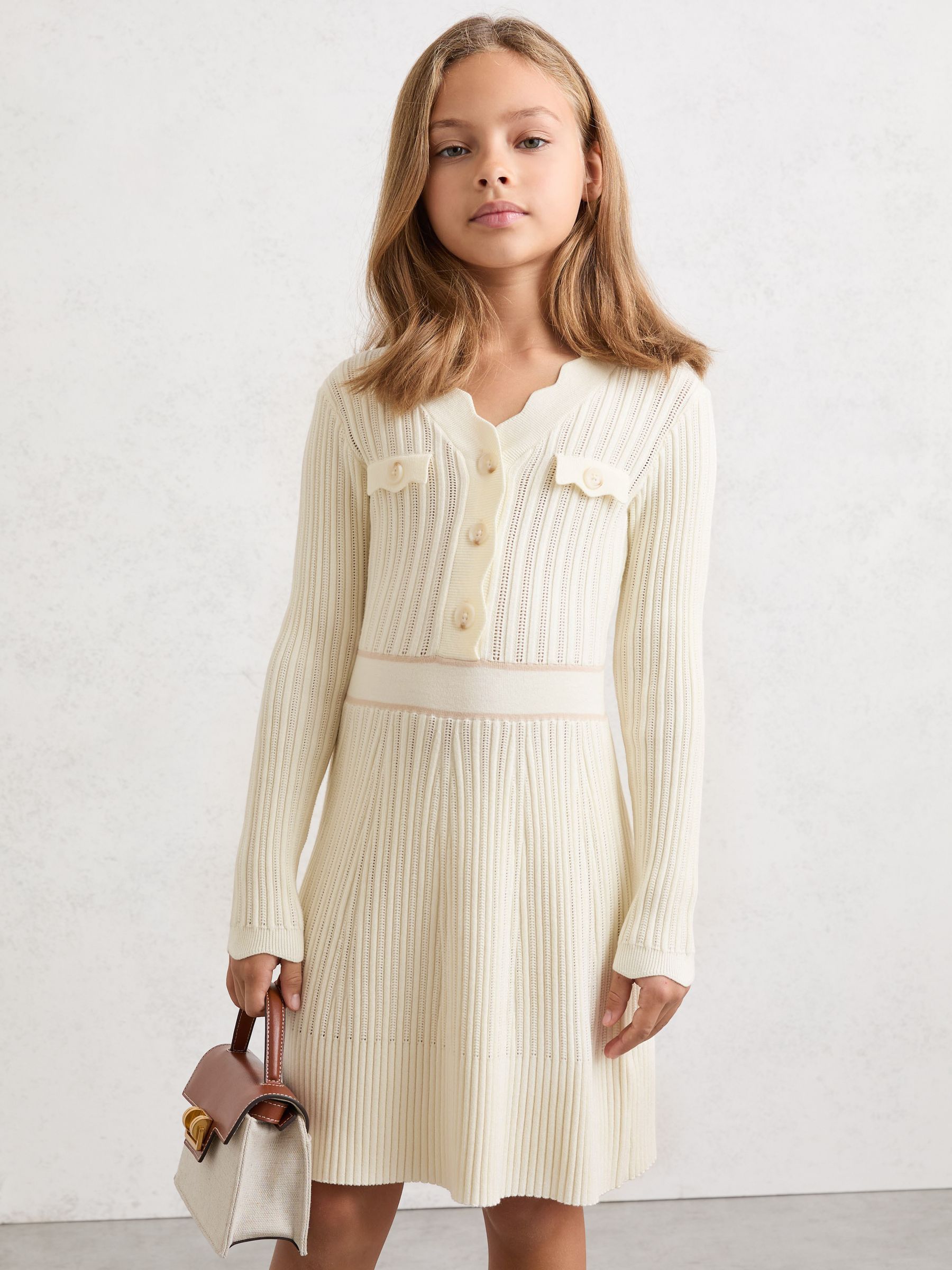 13-14 yrs Pointelle-Knit Scallop-Trim Dress in Ivory - Image 3 of 4