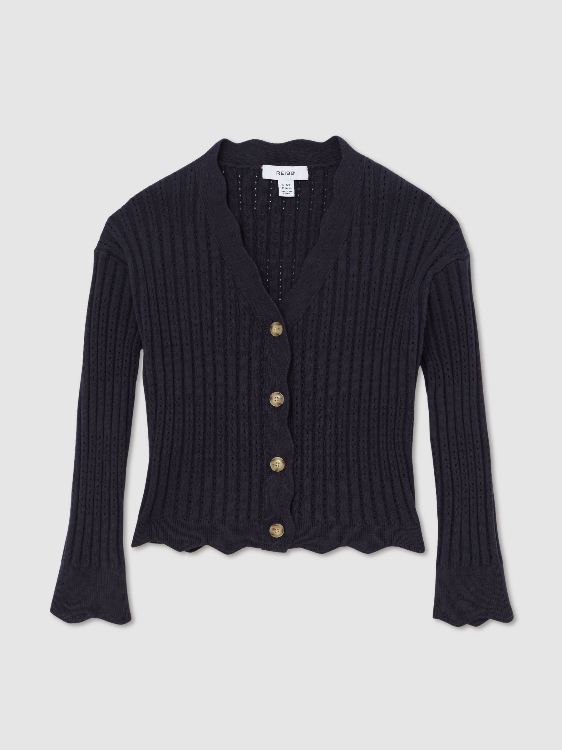 3-9 yrs Rib-Knit Pointelle Cardigan in Navy - Image 2 of 4