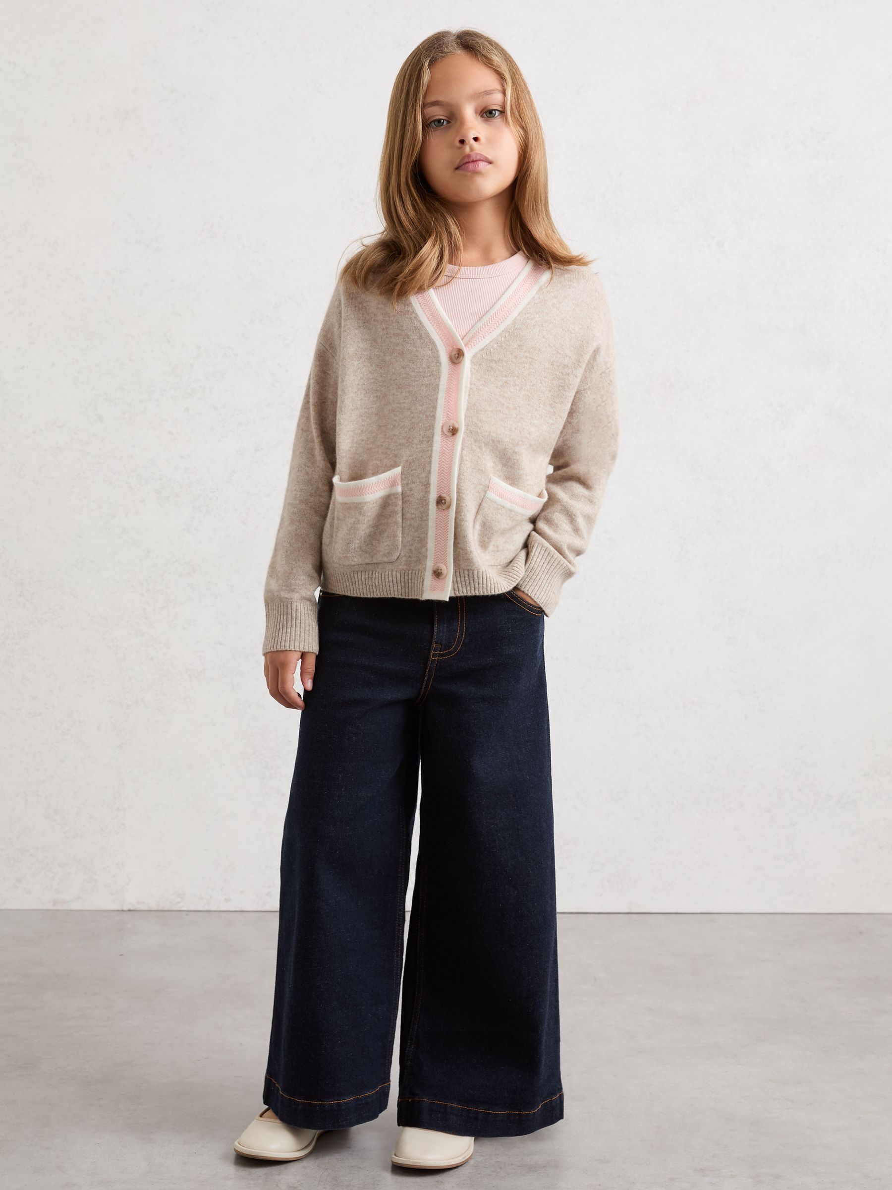 13-14 yrs Wool-Blend Tipped Cardigan with Cashmere in Neutral - Image 2 of 5