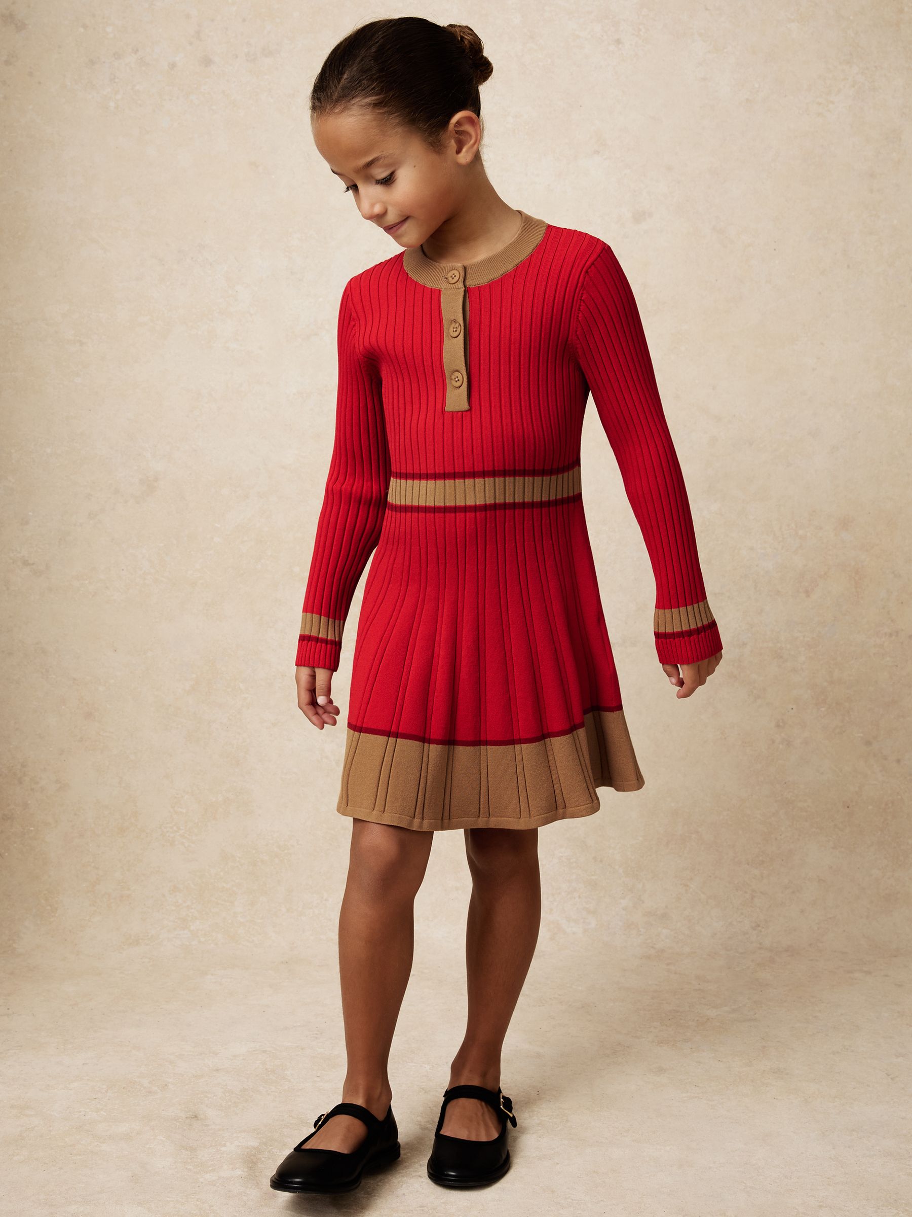 3-9 yrs Colour-Block Knitted Skater Dress in Red - Image 3 of 5