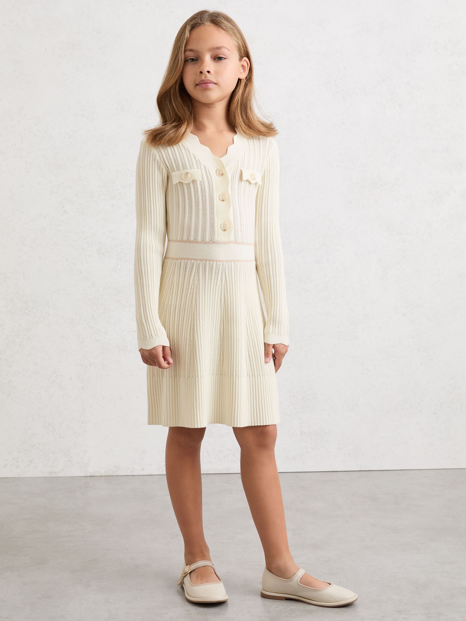 3-9 yrs Pointelle-Knit Scallop-Trim Dress in Ivory - Image 1 of 4
