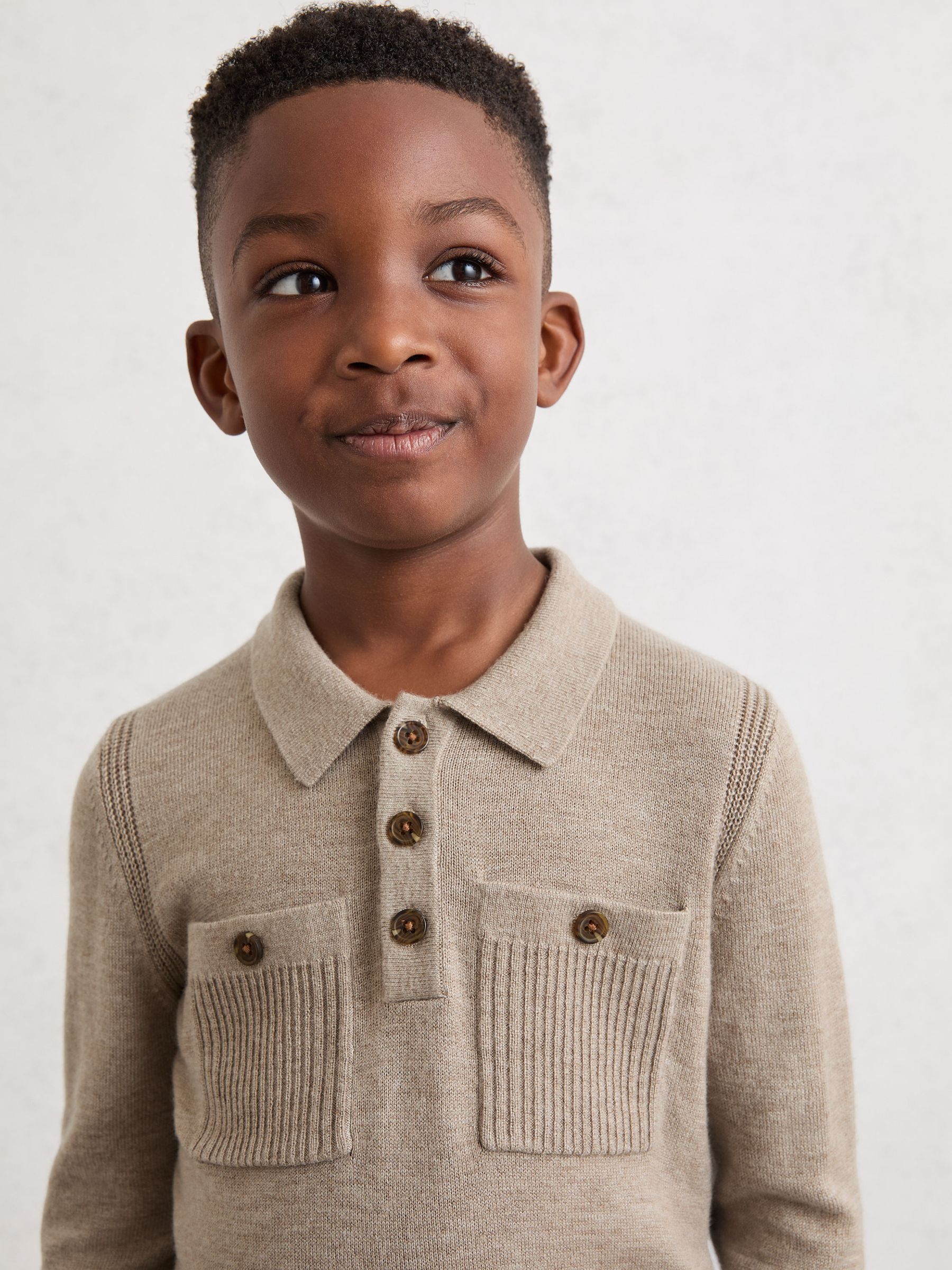 3-9 yrs Half-Button Twin-Pocket Polo Jumper with Merino Wool in Oatmeal Melange - Image 3 of 5
