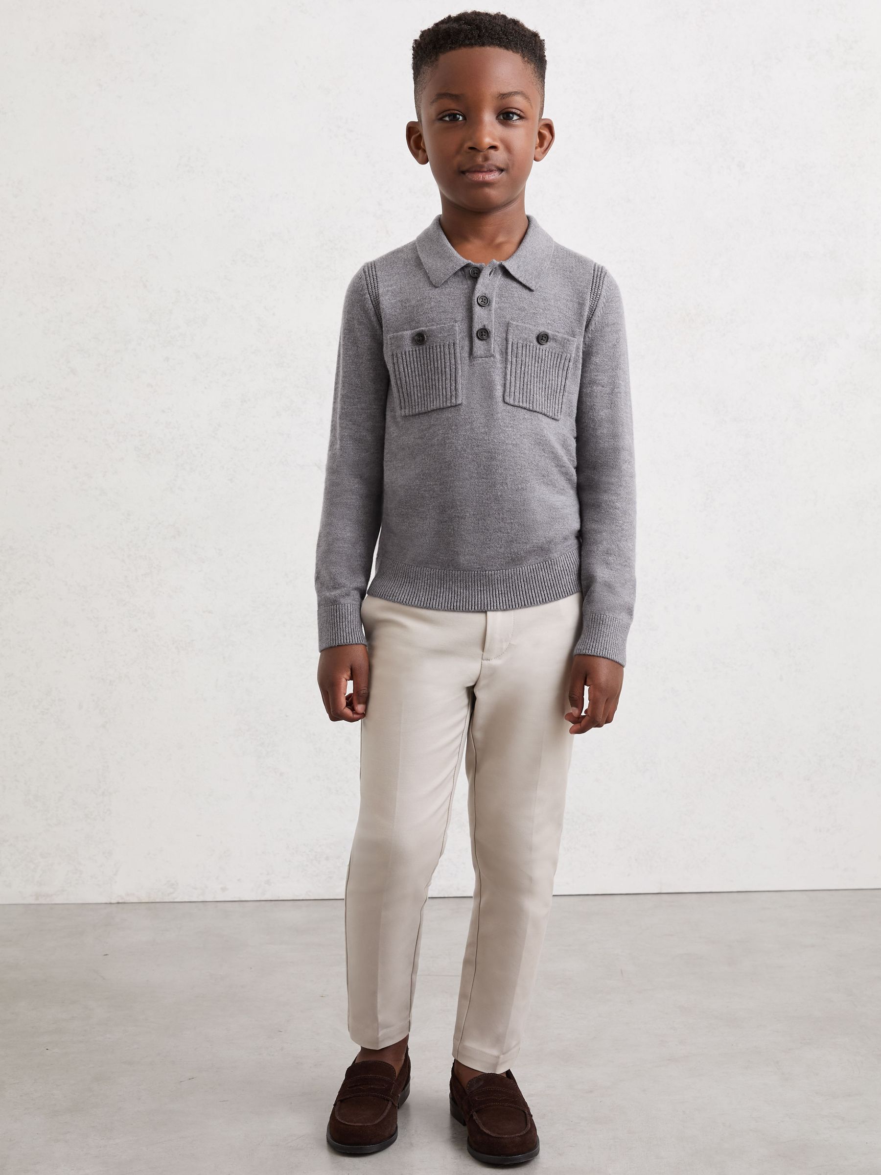 9-13 yrs Half-Button Twin-Pocket Polo Jumper with Merino Wool in Grey Melange - Image 3 of 4