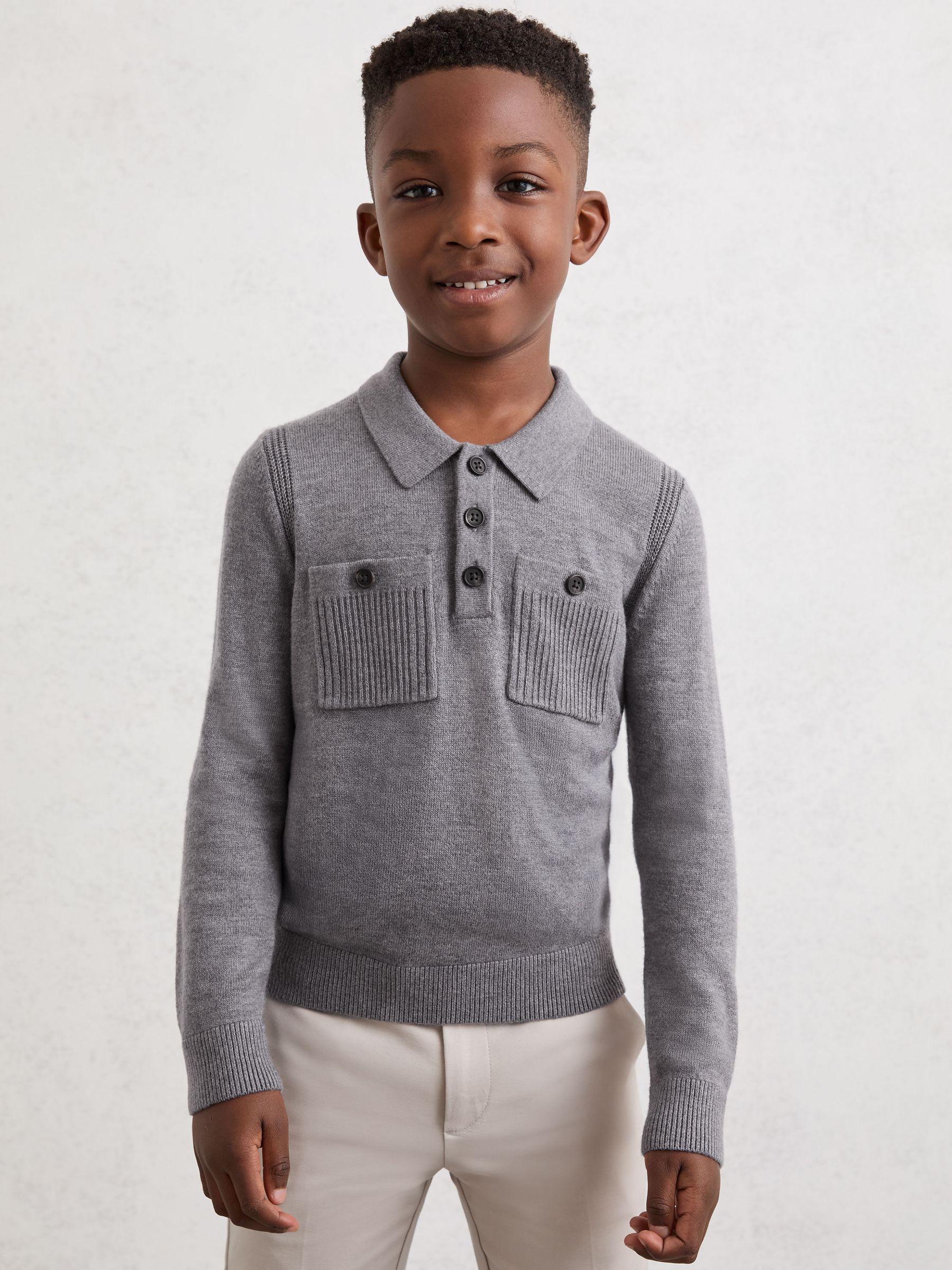 3-9 yrs Half-Button Twin-Pocket Polo Jumper with Merino Wool in Grey Melange - Image 3 of 4