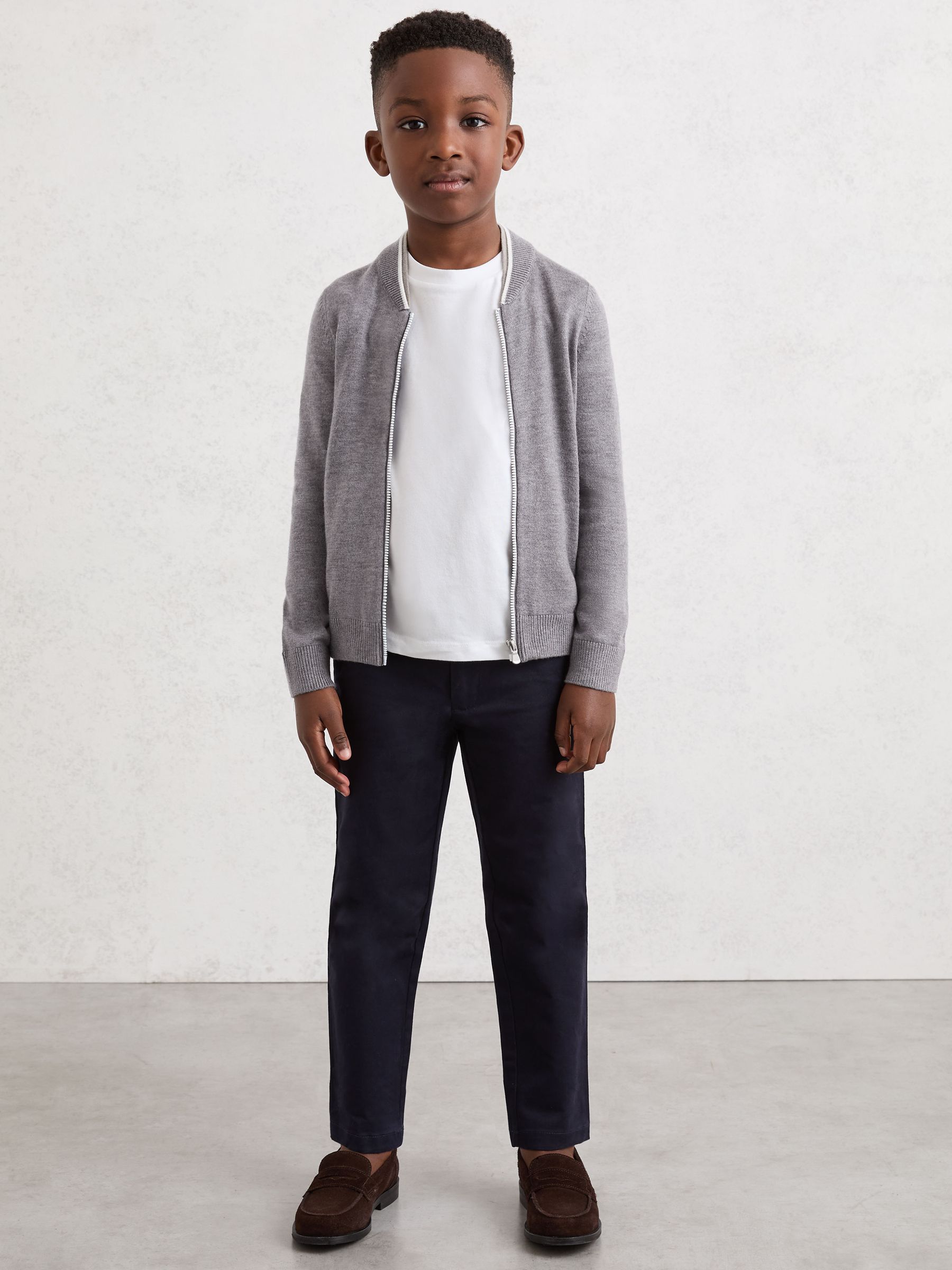 3-9 yrs Zip-Through Bomber Cardigan with Wool in Grey/White - Image 1 of 4