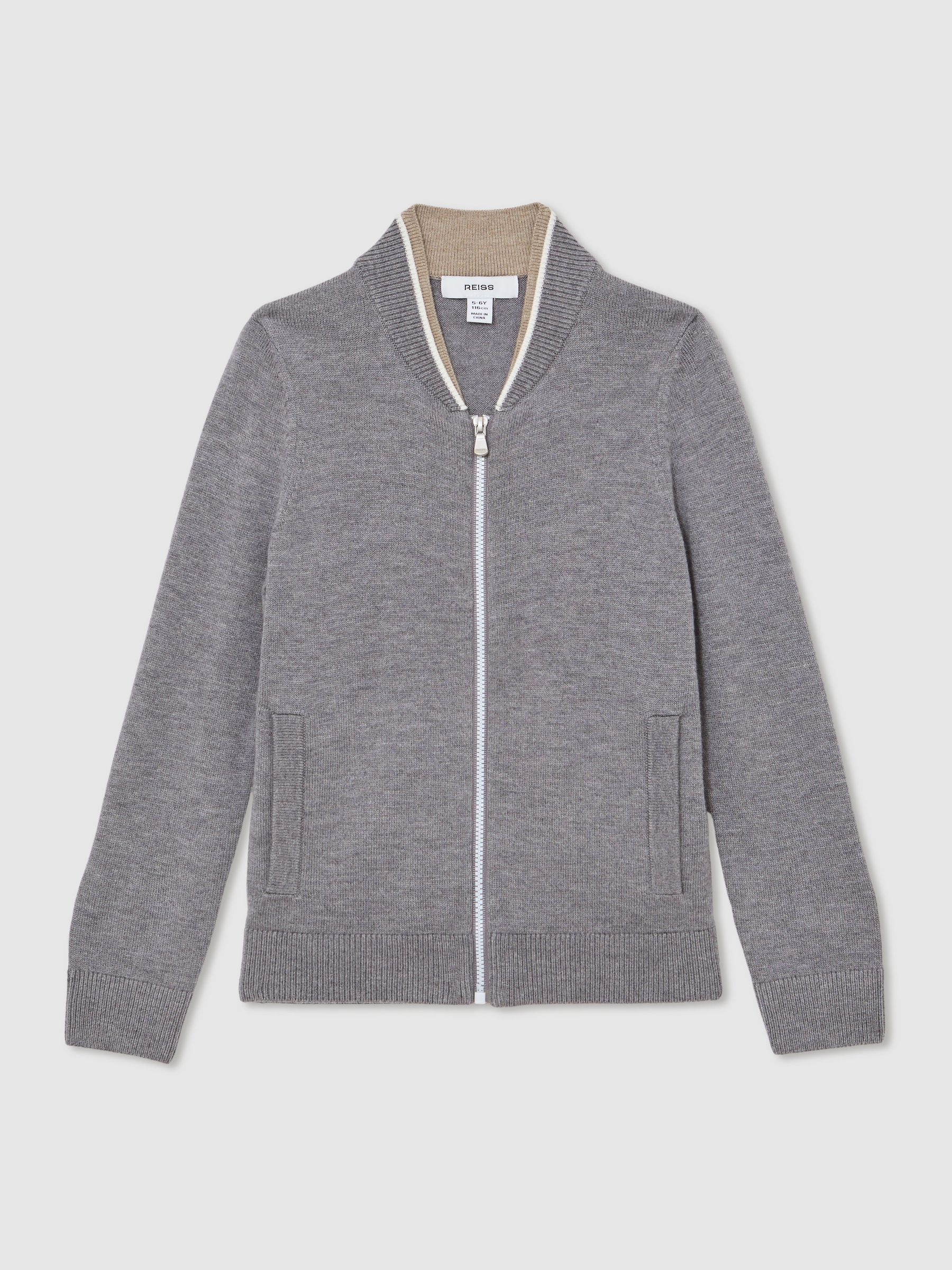 3-9 yrs Zip-Through Bomber Cardigan with Wool in Grey/White - Image 2 of 4