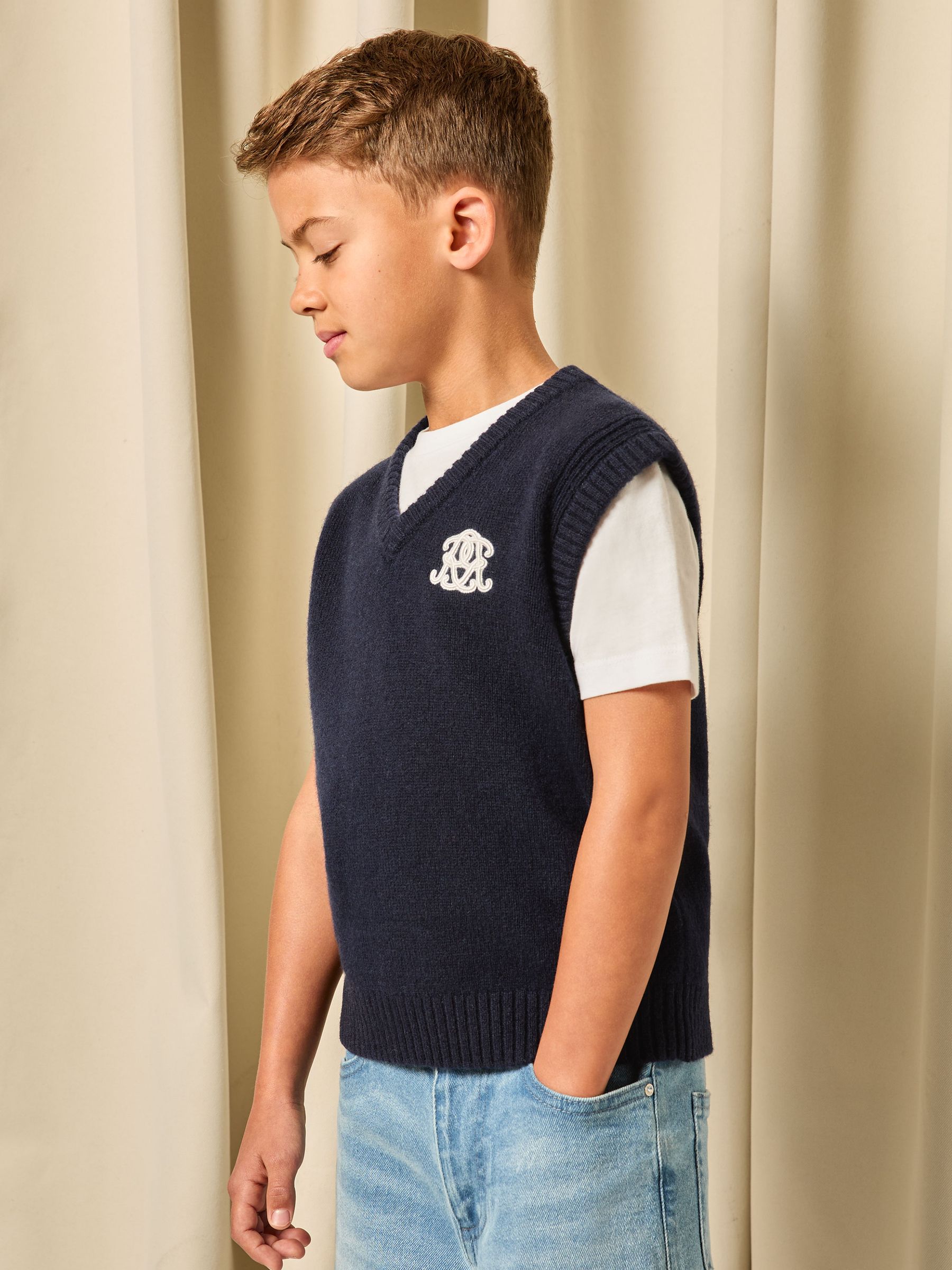 3-9 yrs Monogram Wool-Blend Relaxed Vest in Navy Blue - Image 1 of 5