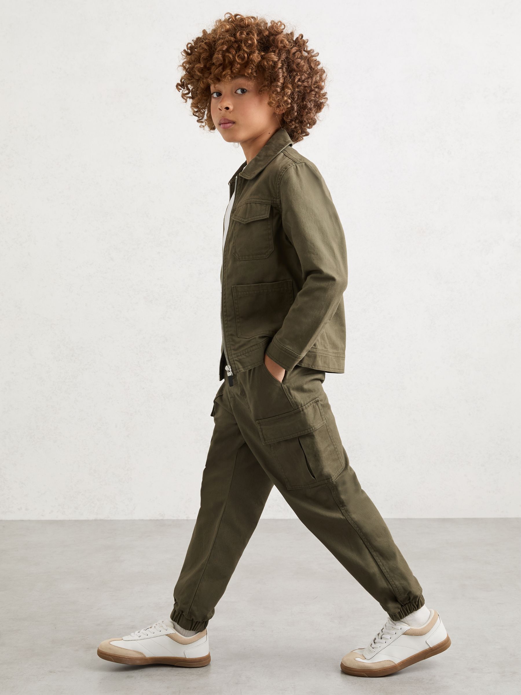 Cotton Cuffed Cargo Trousers in Khaki - Image 1 of 6