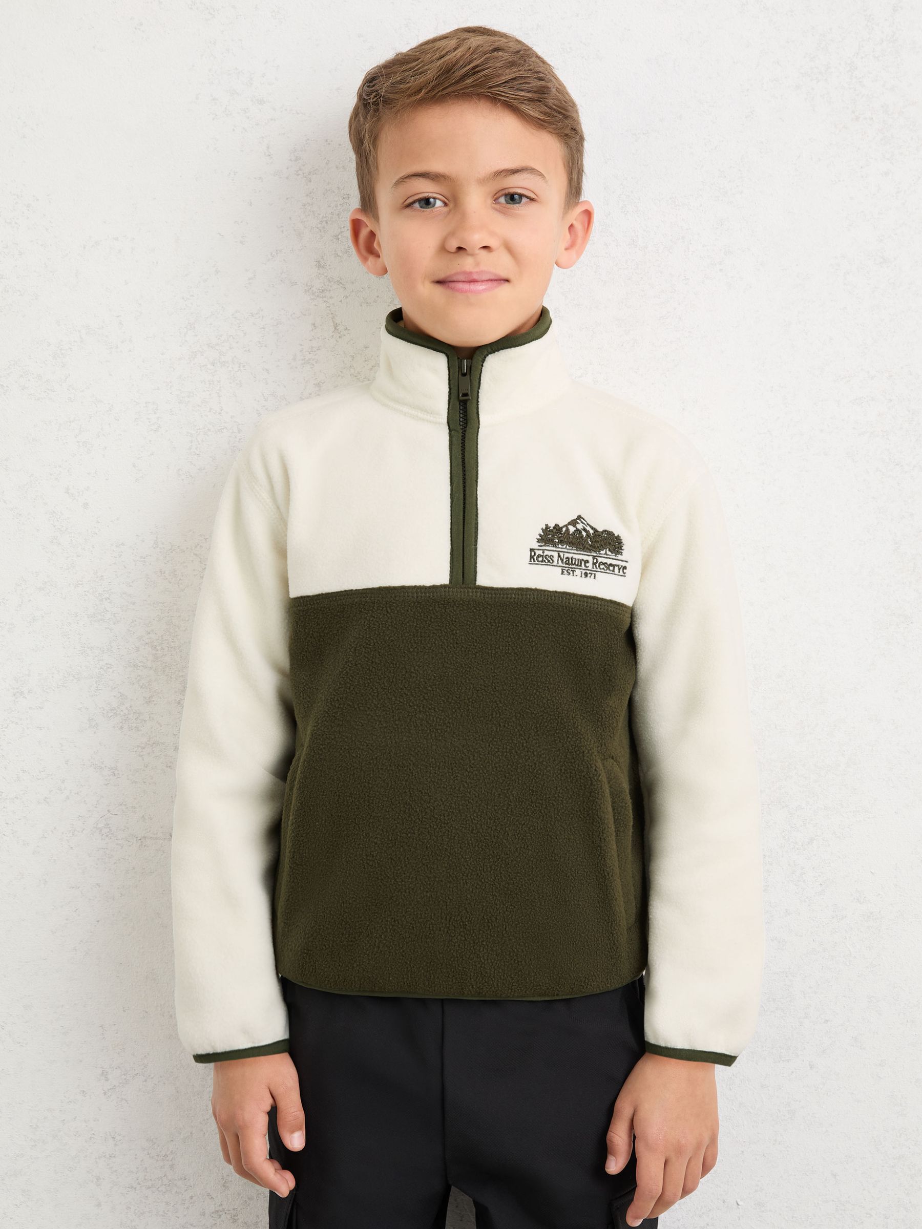 Nature Reserve Colour-Block Zip Fleece in Ivory/Khaki - Image 1 of 5