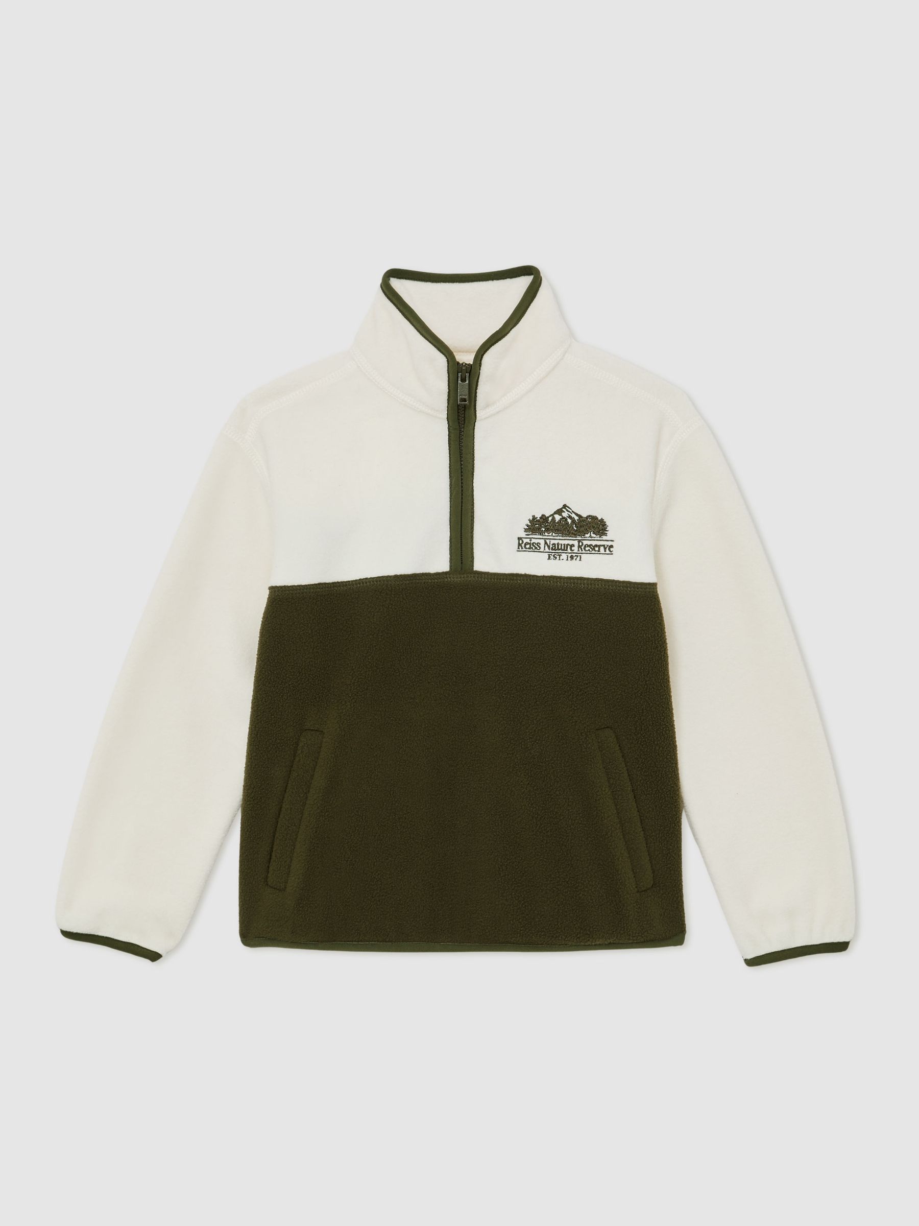 Nature Reserve Colour-Block Zip Fleece in Ivory/Khaki - Image 2 de 5 Nature Reserve Colour-Block Zip Fleece in Ivory/Khaki - Image 2 de 5