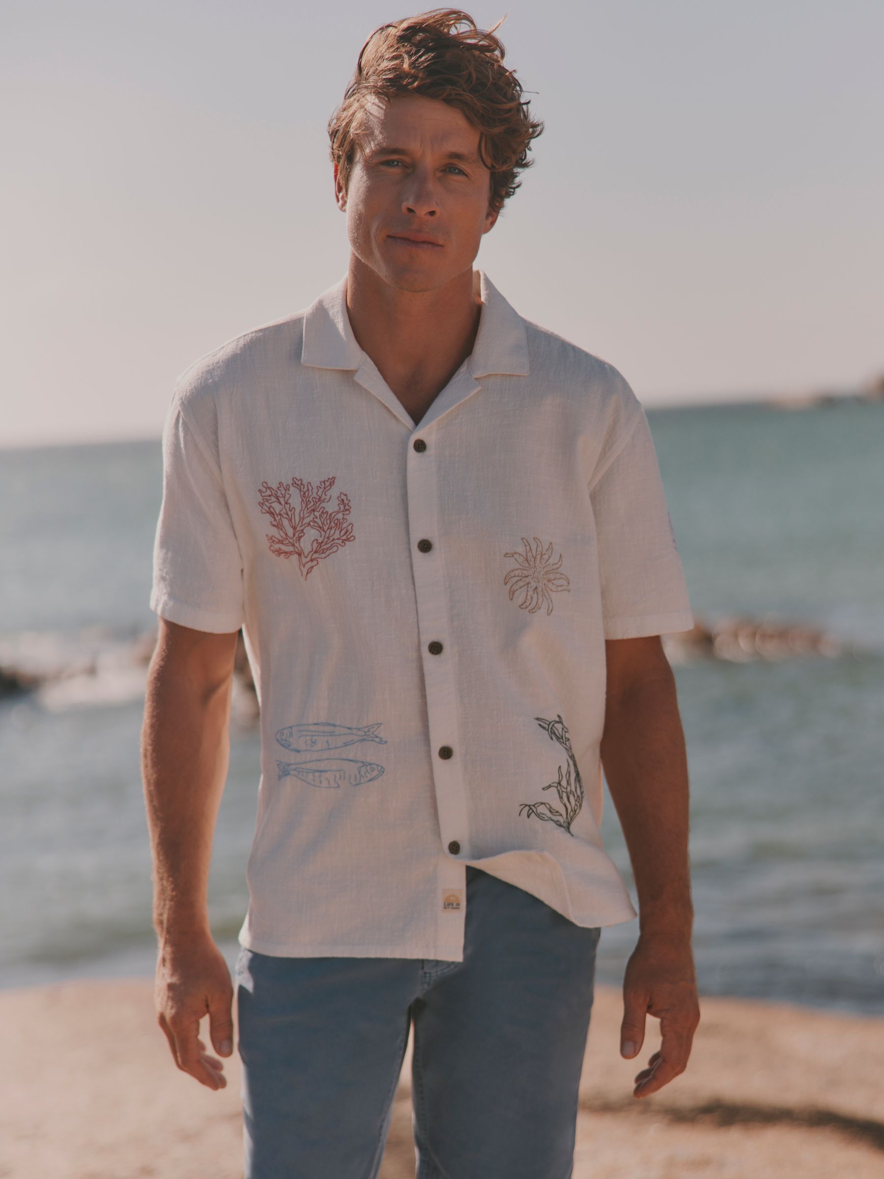 White Short Sleeve Relaxed Fit MCS Sea Embroidery Shirt - Image 1 of 5
