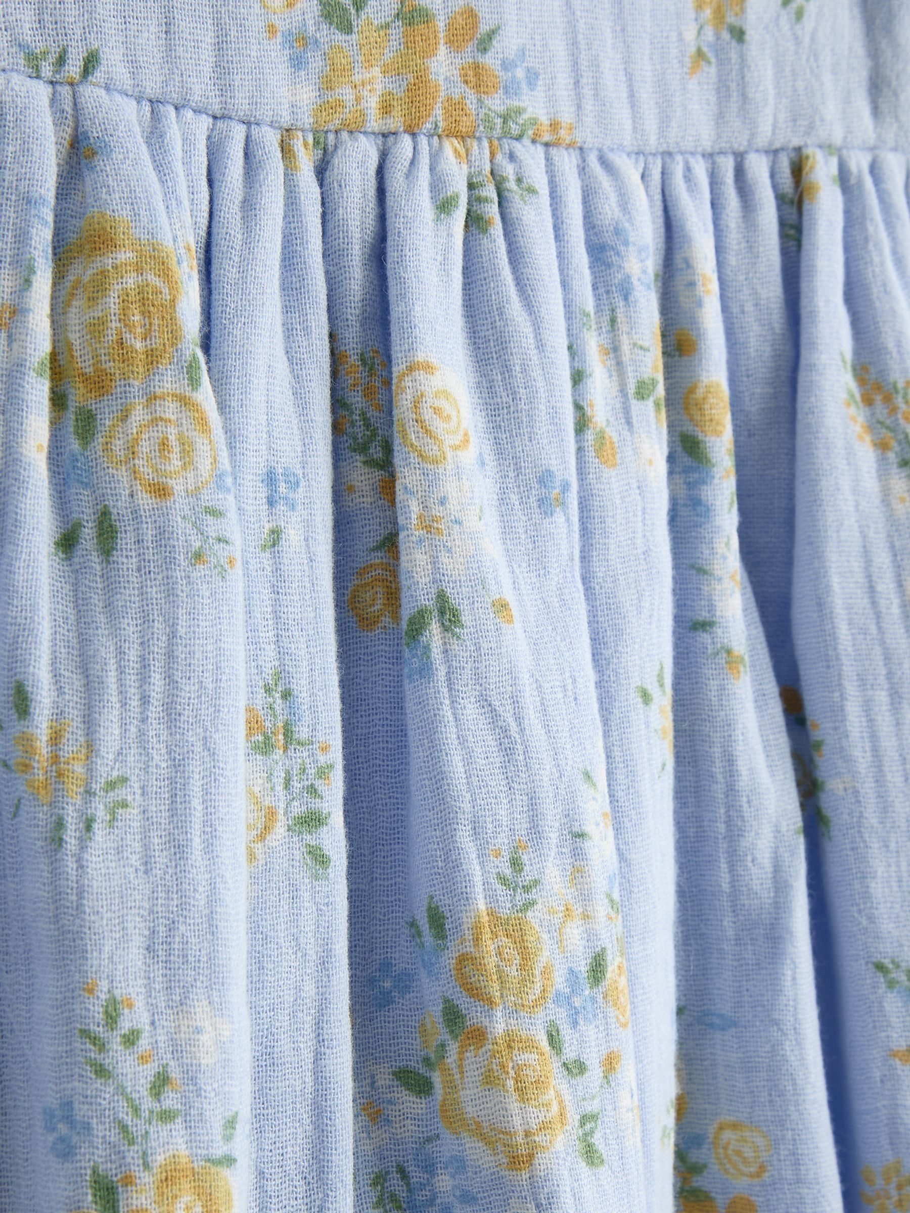 Blue Floral Puff Sleeve Floral Cheesecloth Romper - Image 4 of 4 Blue Floral Puff Sleeve Floral Cheesecloth Romper - Image 4 of 4