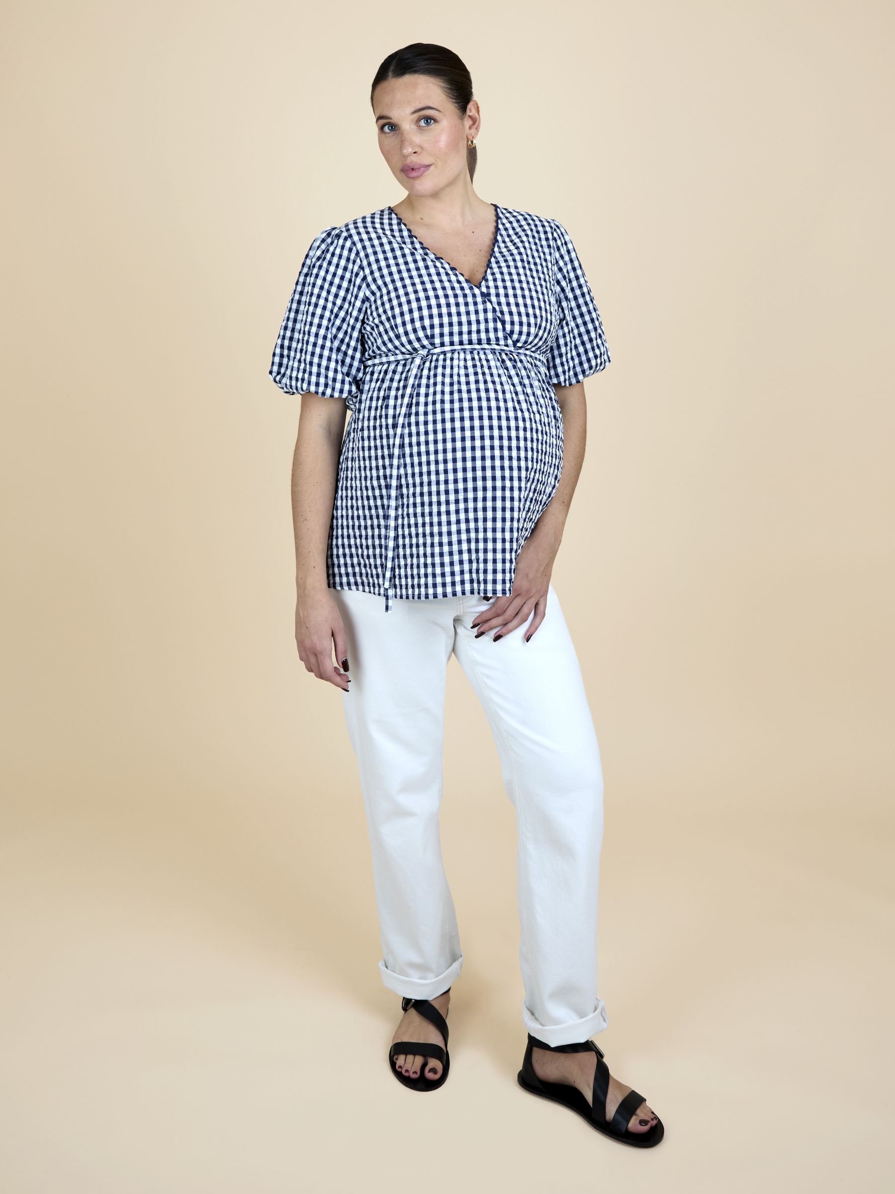 Navy Blue Gingham Puff Sleeve Wrap Maternity Top - Image 2 of 5